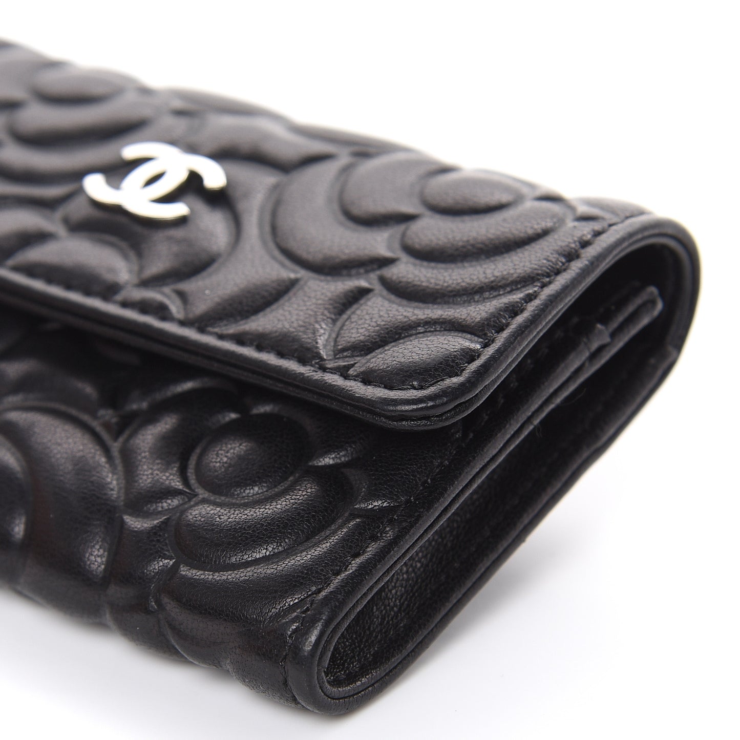 Goatskin Camellia Embossed Flap Card Holder Wallet Black