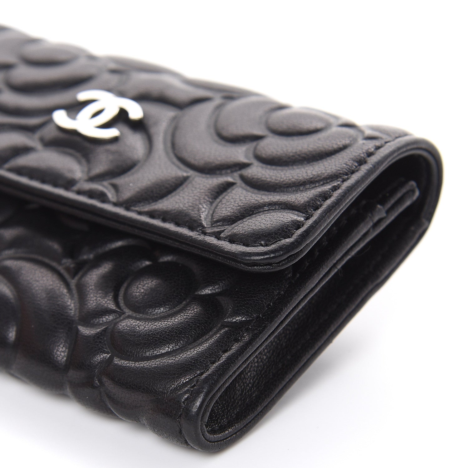Chanel Goatskin Camellia Embossed Flap Card Holder Wallet Black 10 of 12