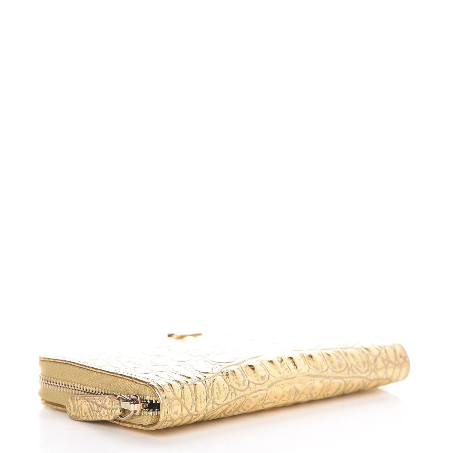 Metallic Calfskin Crocodile Embossed Small Zip Wallet Gold