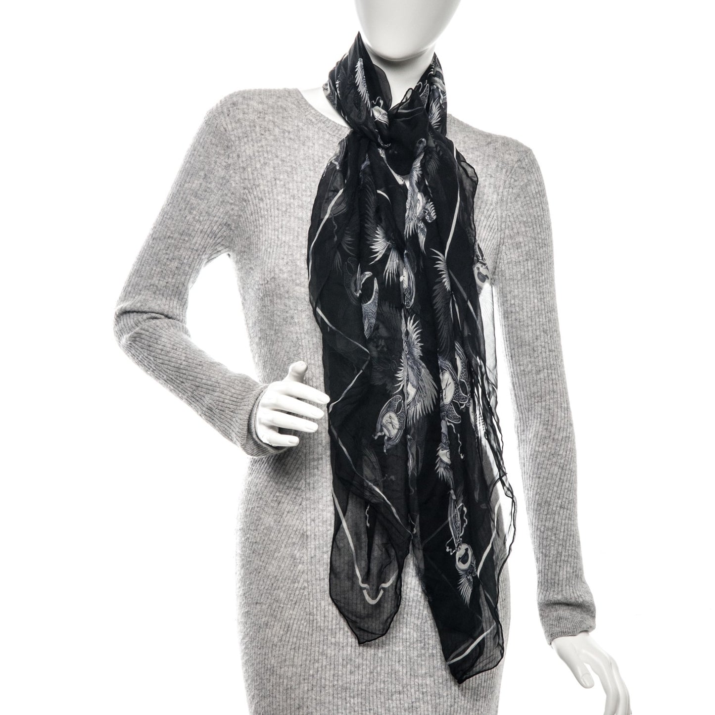 Silk Chiffon Cameo Skull Scarf Black Ivory