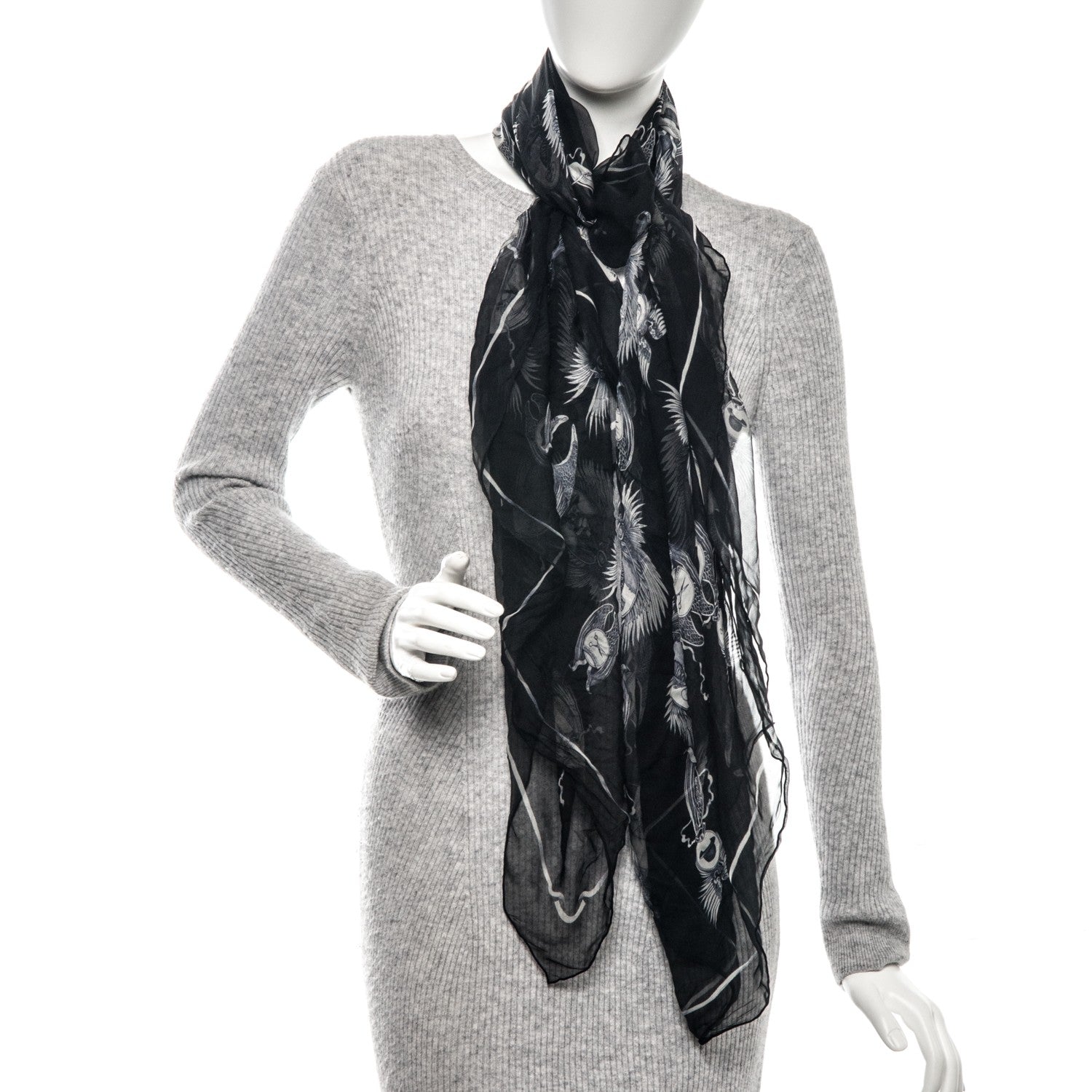 Alexander McQueen Silk Chiffon Cameo Skull Scarf Black Ivory 2 of 7
