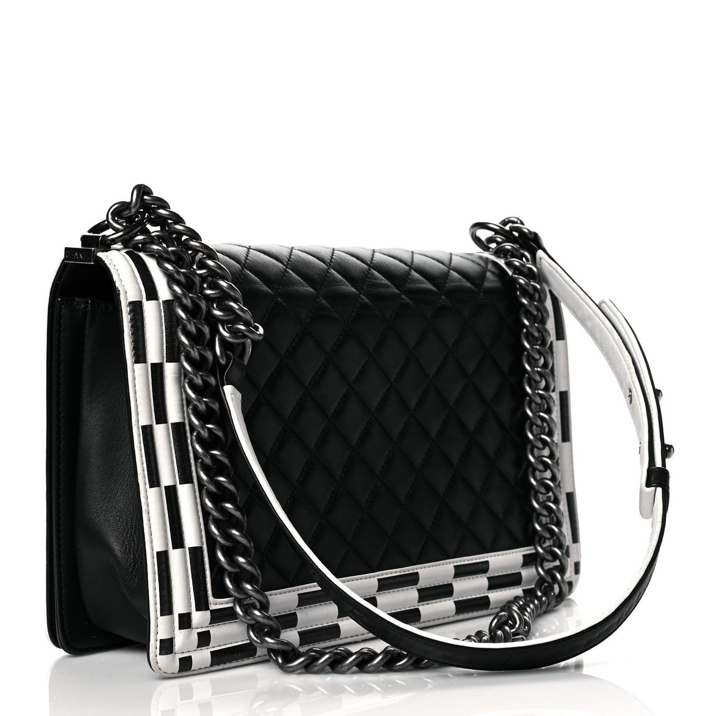 Calfskin Quilted Checkerboard Trim New Medium Boy Flap Black White