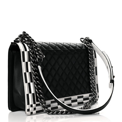 Chanel Calfskin Quilted Checkerboard Trim New Medium Boy Flap Black White 3 of 10