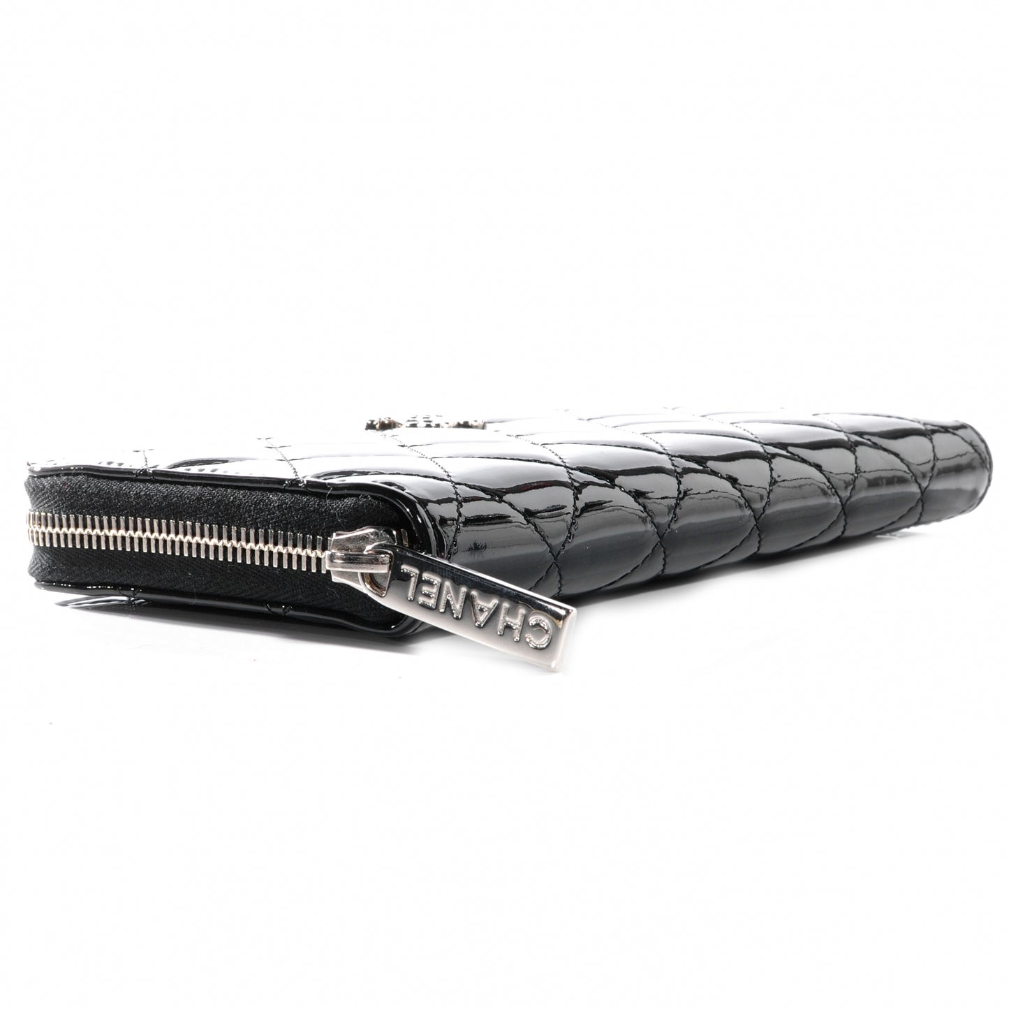 Patent Quilted Large Zip Around Wallet Black