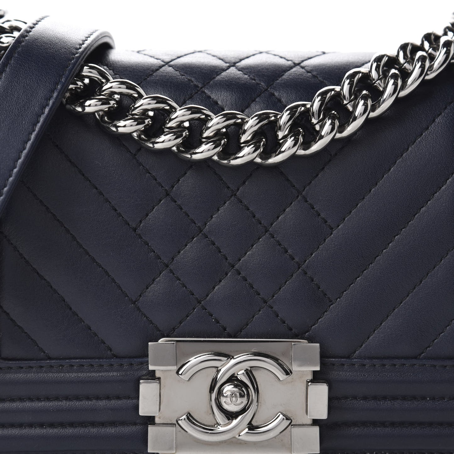 Lambskin Chevron Quilted Small Boy Flap Navy Blue
