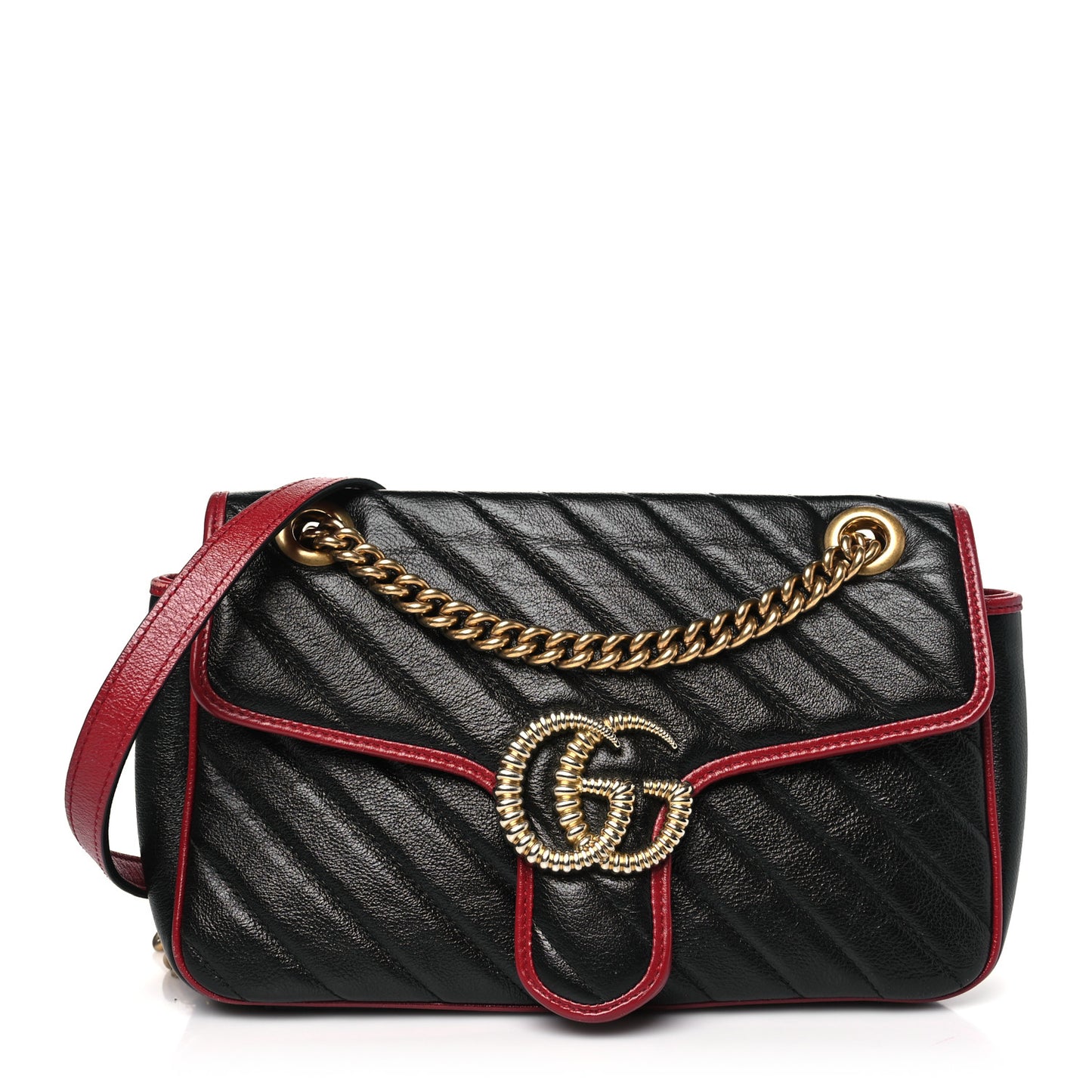 Vintage Effect Calfskin Matelasse Diagonal Small Torchon GG Marmont Shoulder Bag Black Romantic Cherry