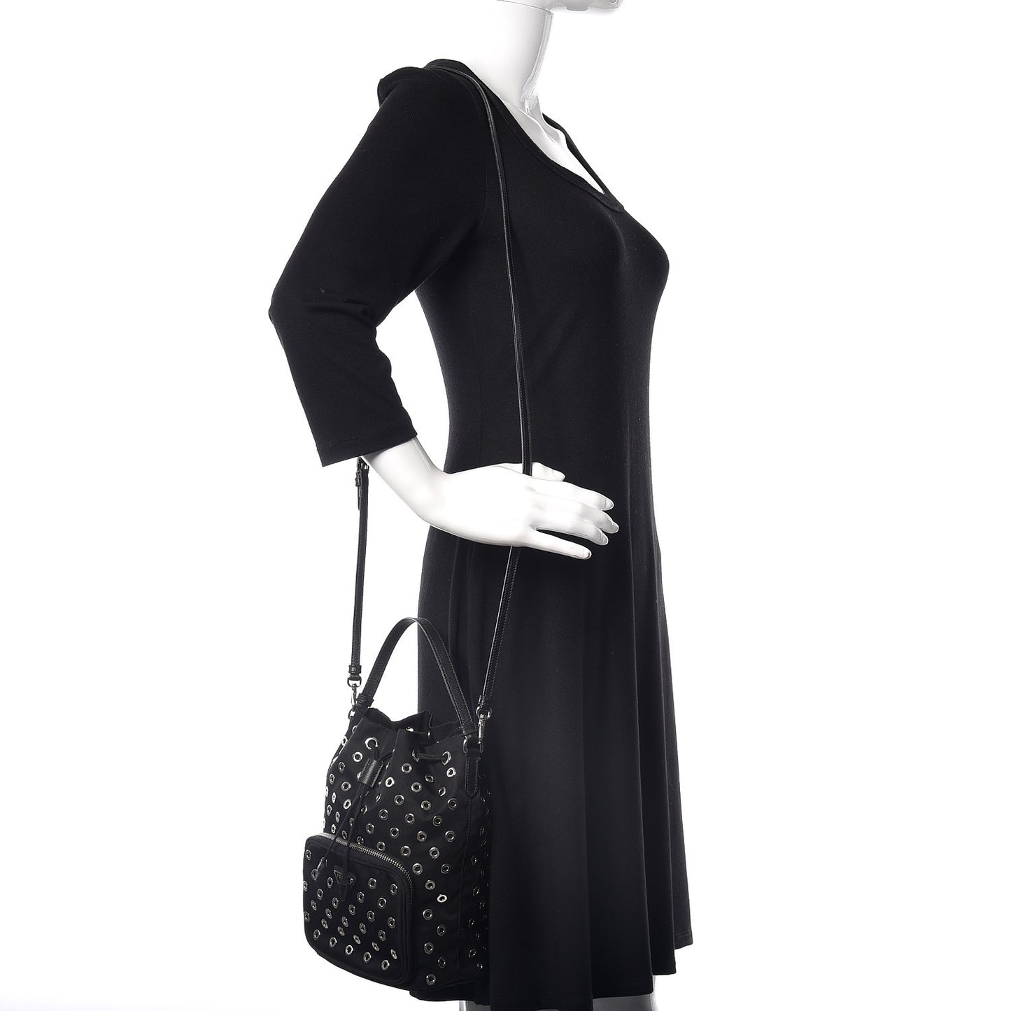 Tessuto Nylon Saffiano Grommets Mini Bucket Crossbody Bag Black