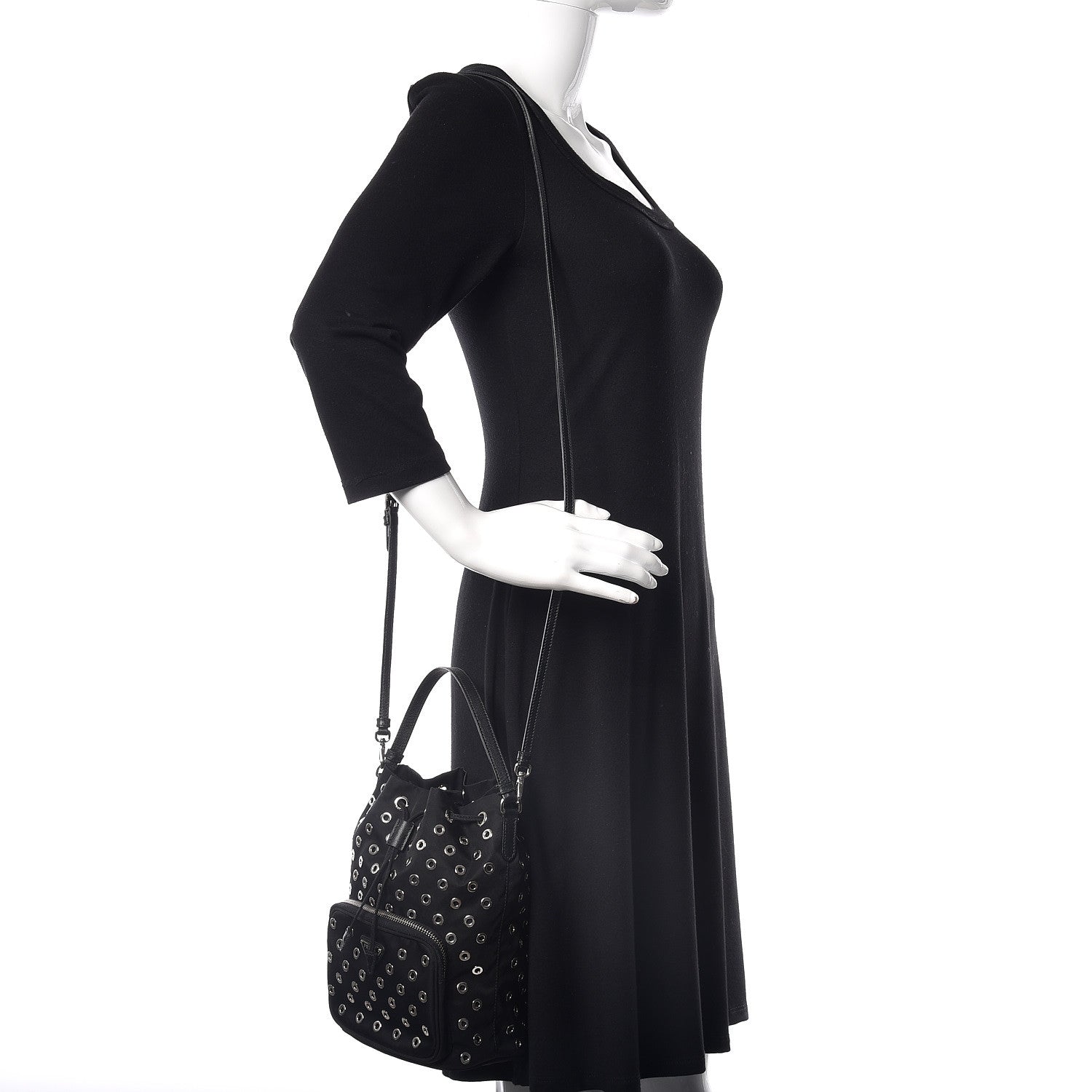 Prada Tessuto Nylon Saffiano Grommets Mini Bucket Crossbody Bag Black 2 of 8