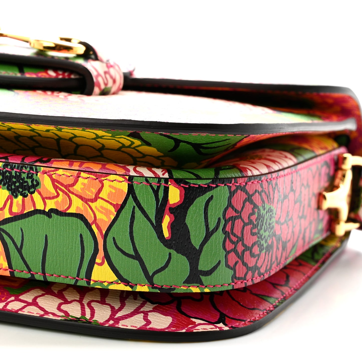 X KEN SCOTT New Shangai Calfskin Pomponica Print Horsebit 1955 Shoulder Bag  Multicolor Fuxia Pompon