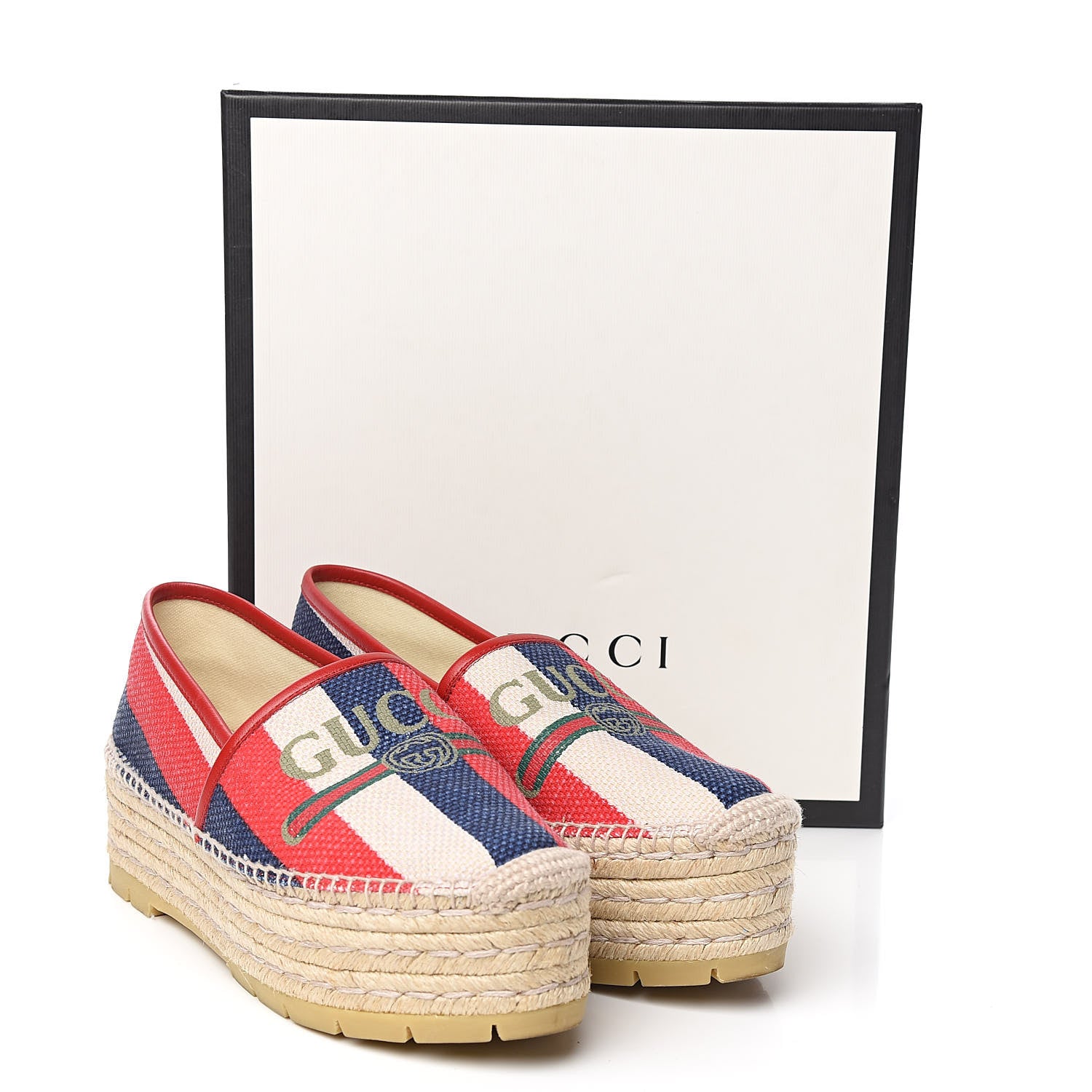 Gucci Canvas Sylvie Stripe Logo Platform Espadrilles 39.5 Mystic White Hibiscus Red Maritime 10 of 10