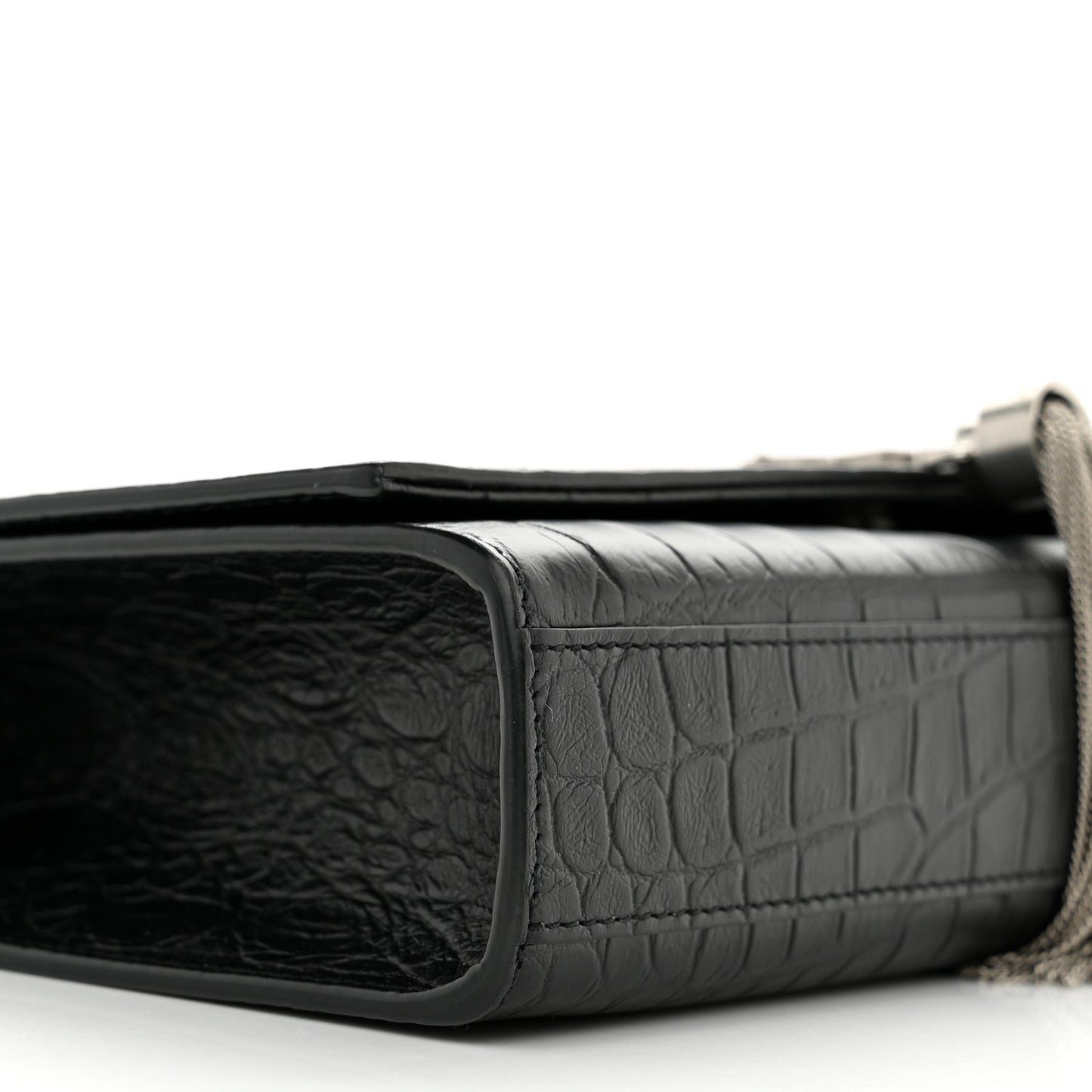 Calfskin Crocodile Embossed Medium Classic Monogram Kate Tassel Satchel Black
