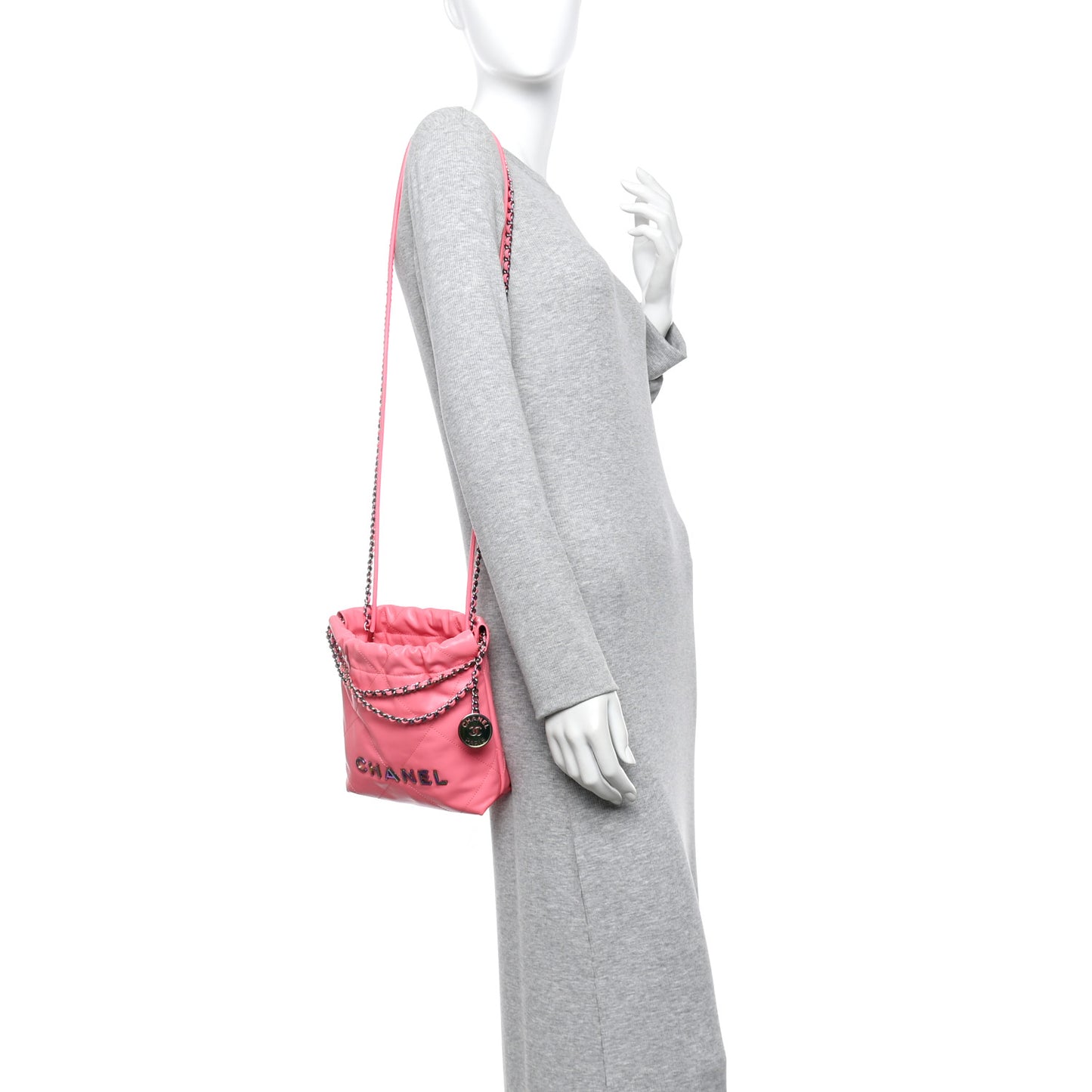 Shiny Calfskin Quilted Rainbow Metal Mini Chanel 22 Coral Pink