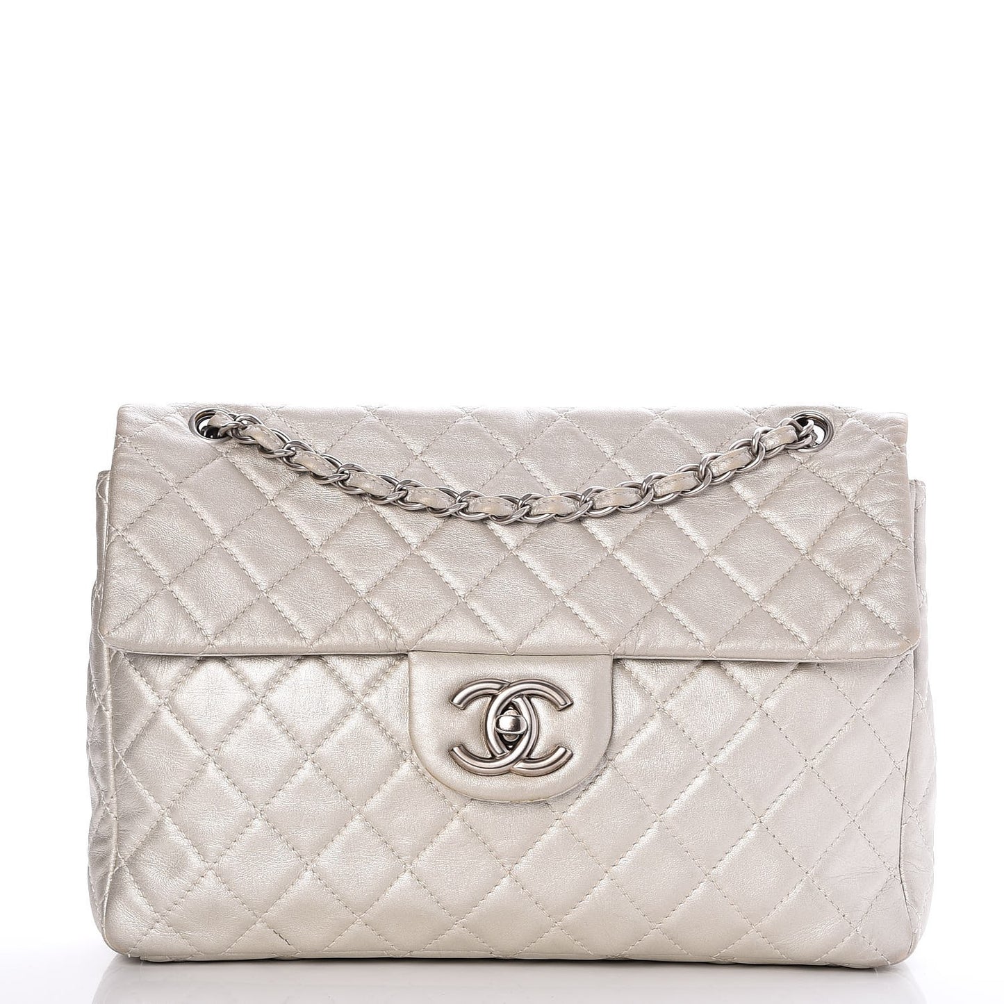 Metallic Lambskin Quilted Maxi Single Flap Silver