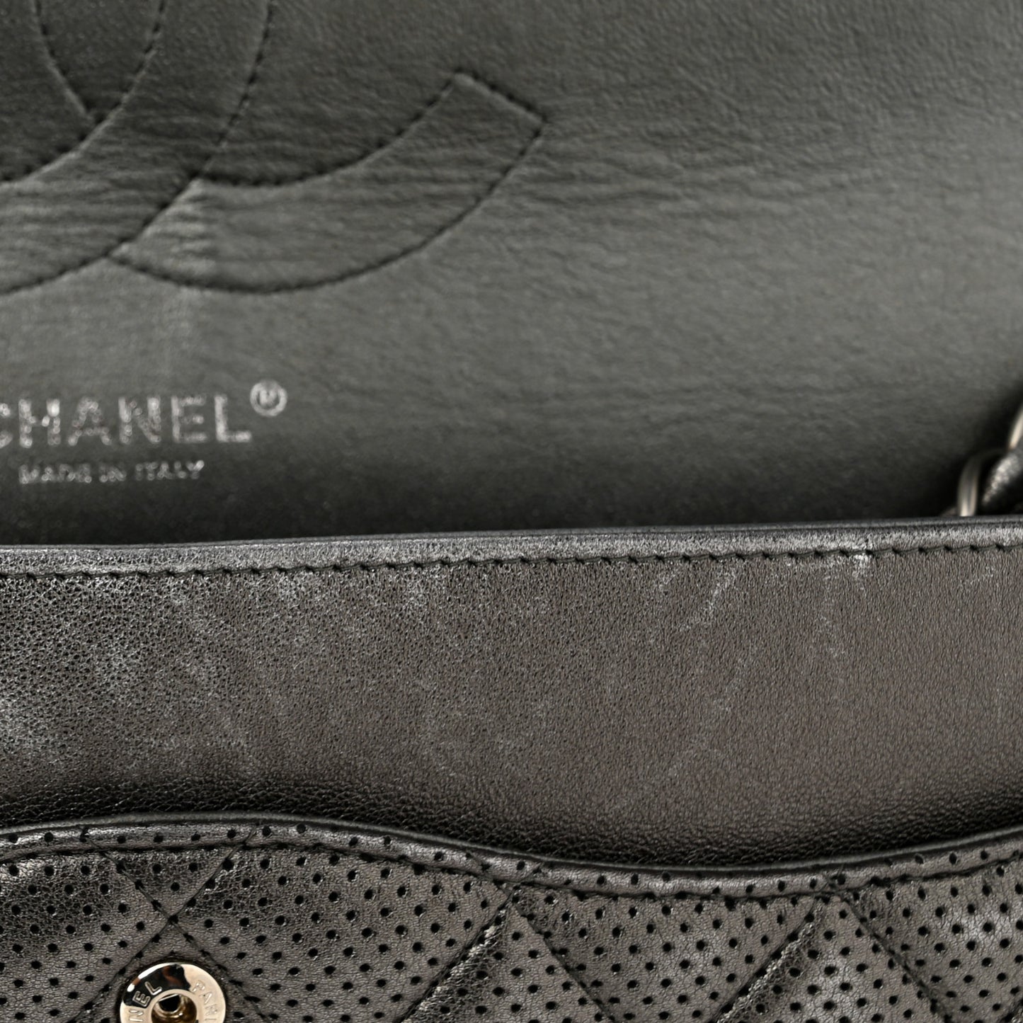 Metallic Perforated Lambskin Quilted Jumbo Double Flap Dark Silver