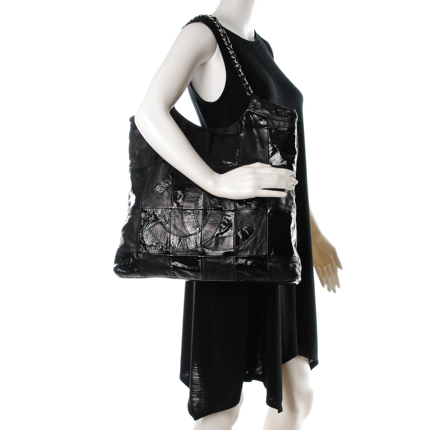 Patent Calfskin Patchwork Brooklyn Tote Black