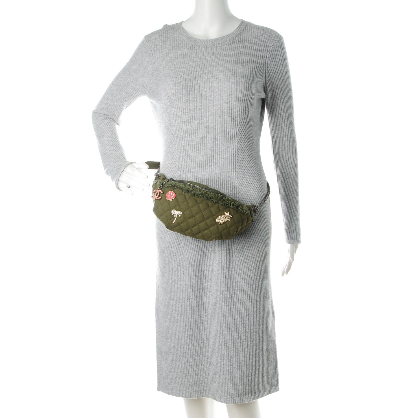 Canvas Lambskin Quilted Coco Cuba Charms Waist Bag Khaki