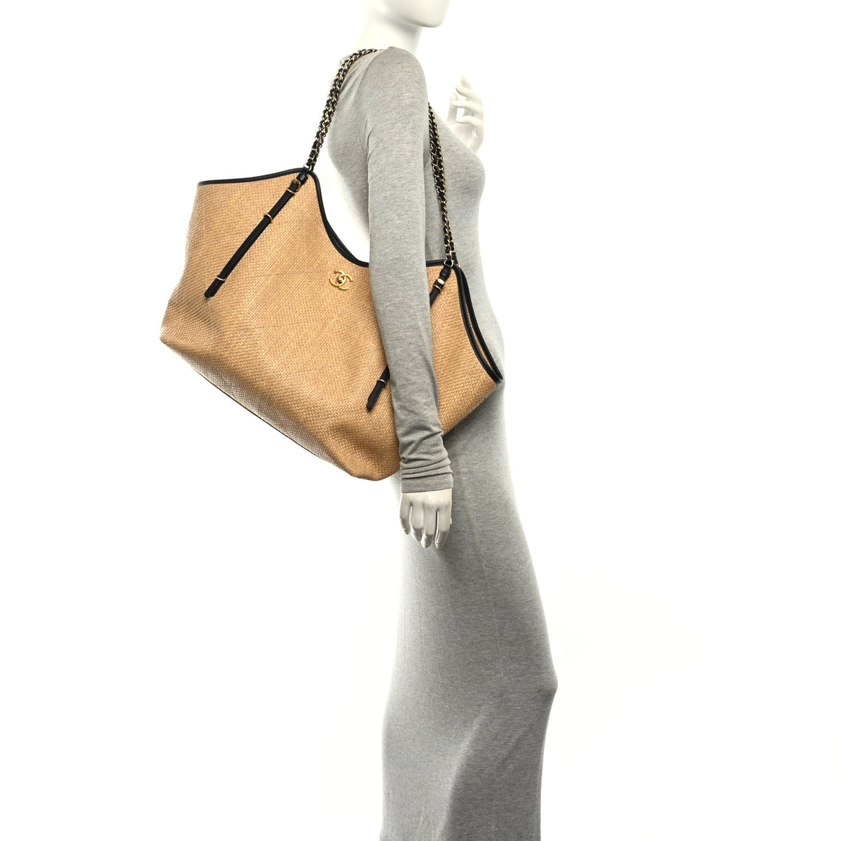 Braided Raffia Stitched Maxi Shopping Bag Dark Beige Black