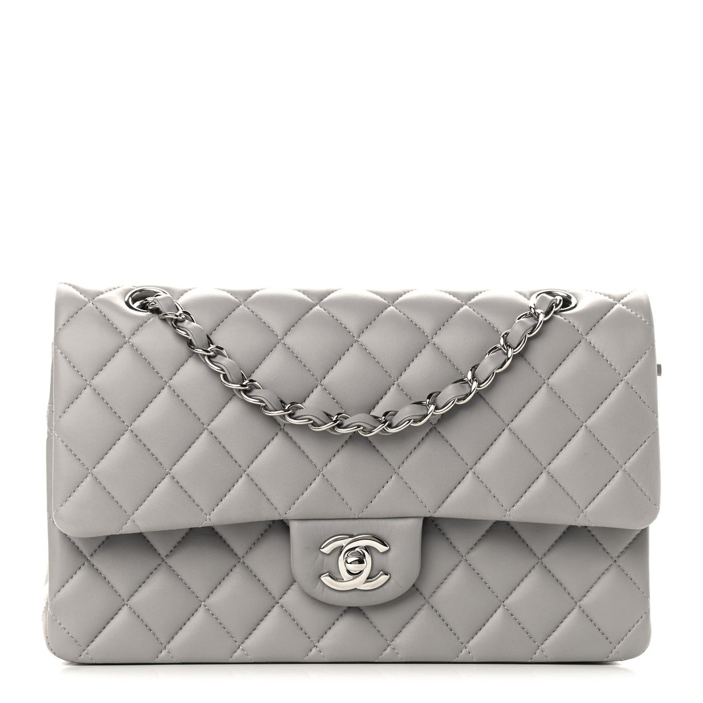 Lambskin Quilted Medium Double Flap Grey
