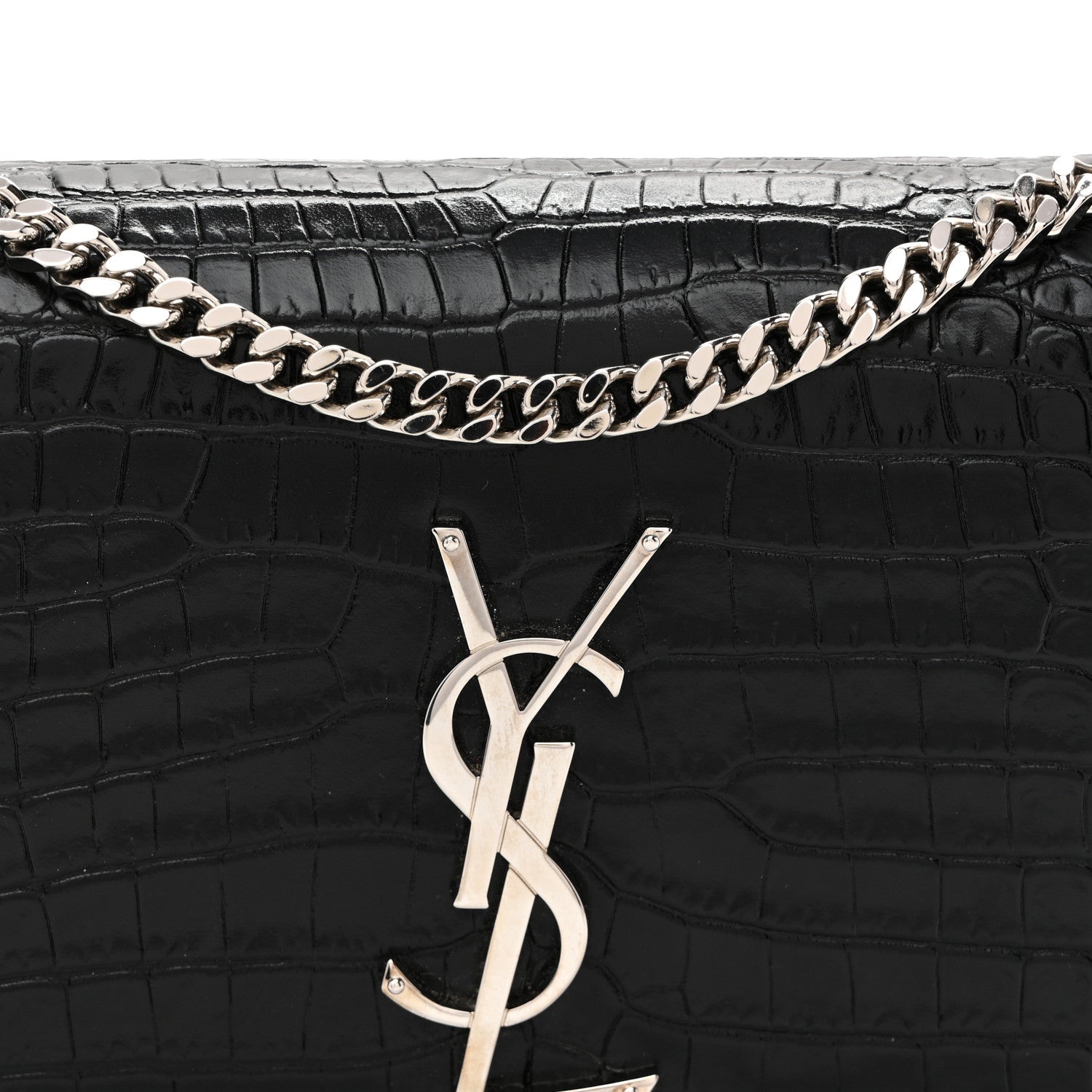 Saint Laurent Calfskin Crocodile Embossed Small Classic Monogram Kate Tassel Satchel Black 7 of 9