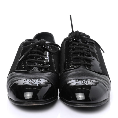 Chanel Goatskin Patent Womens CC Cap Toe Lace Up Oxfords 36 Black 2 of 4