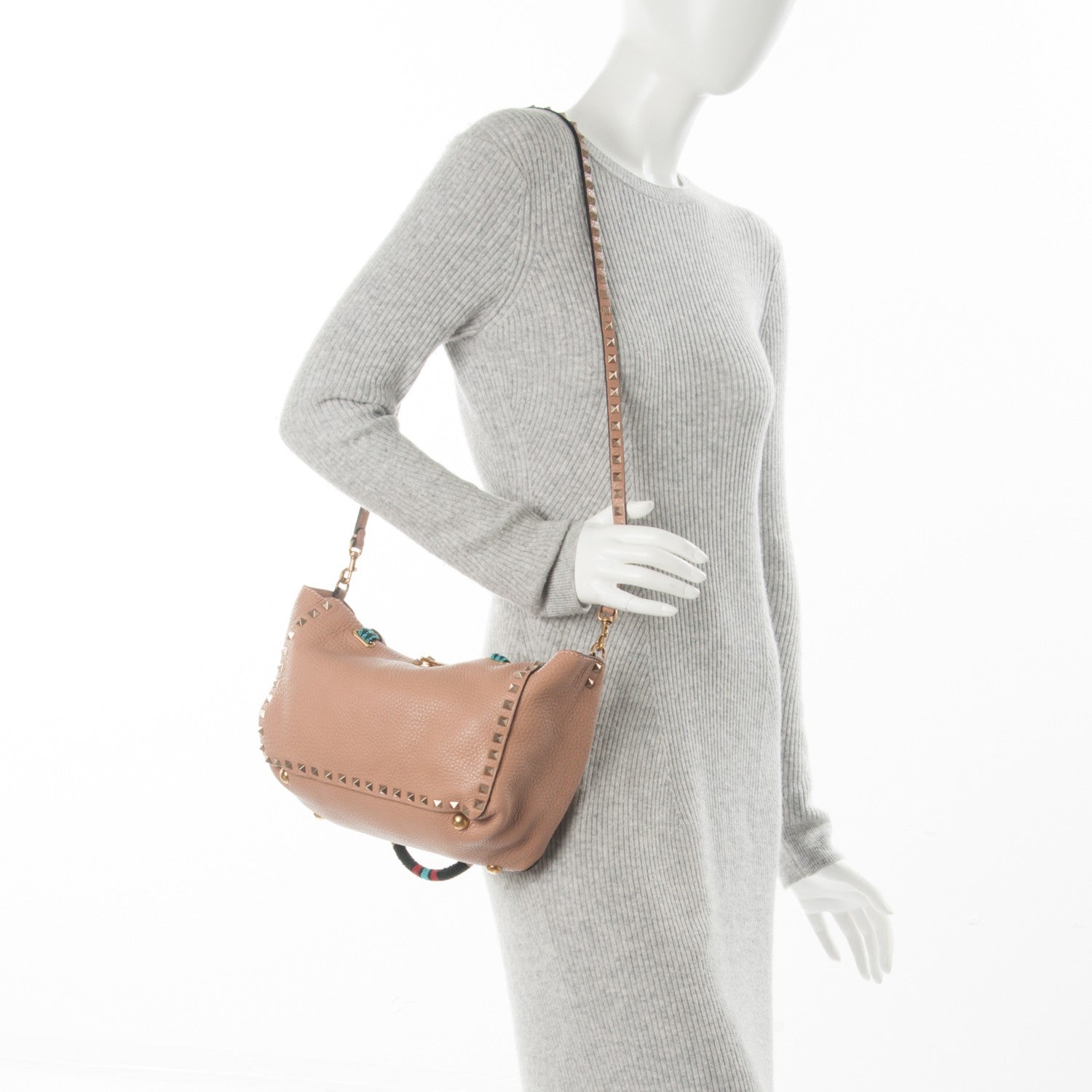Valentino Garavani Pebbled Calfskin Beaded Small Rockstud Tote Nude 2 of 7