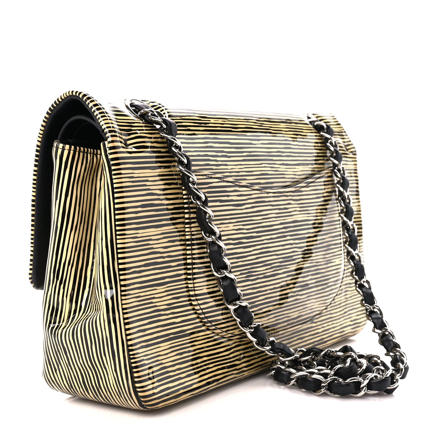 Patent Calfskin Striped Medium Double Flap Yellow Black