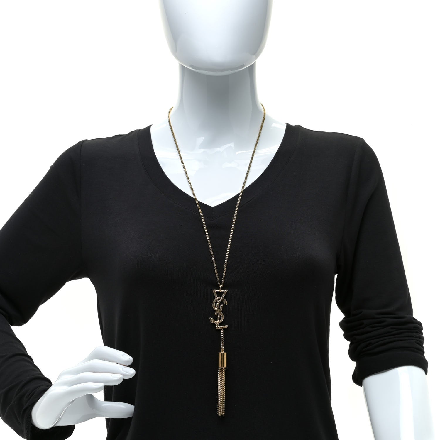 Saint Laurent Brass Snake Monogram Tassel Necklace Gold 2 of 7