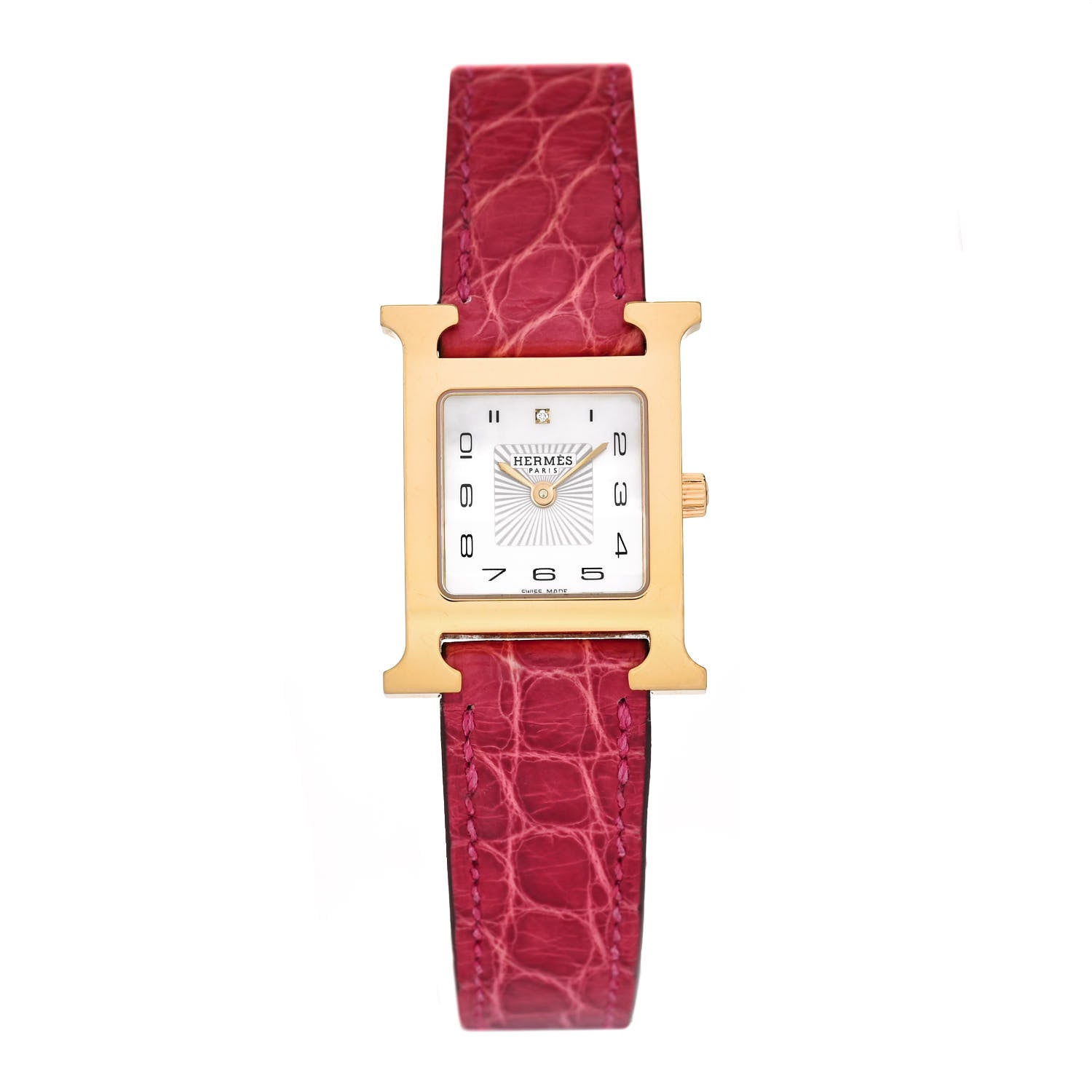 Hermes Stainless Steel Alligator Diamond Mother of Pearl 21mm Heure H Hour Quartz Watch Framboise 1 of 5