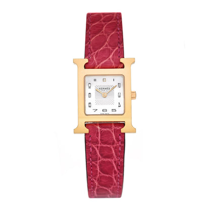 Hermes Stainless Steel Alligator Diamond Mother of Pearl 21mm Heure H Hour Quartz Watch Framboise 1 of 5