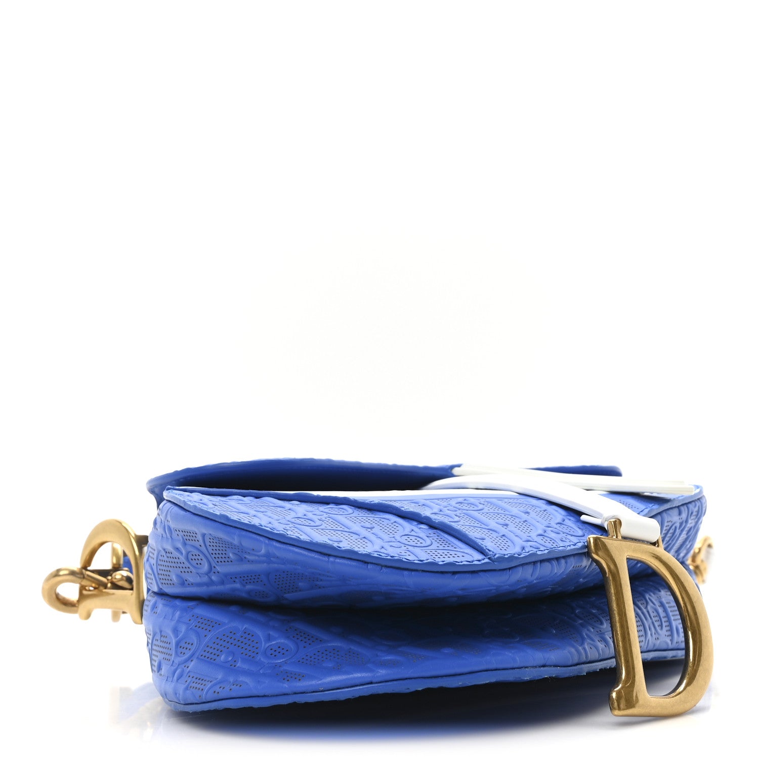 Christian Dior Perforated Calfskin Embossed Oblique Saddle Bag Blue White 4 of 10