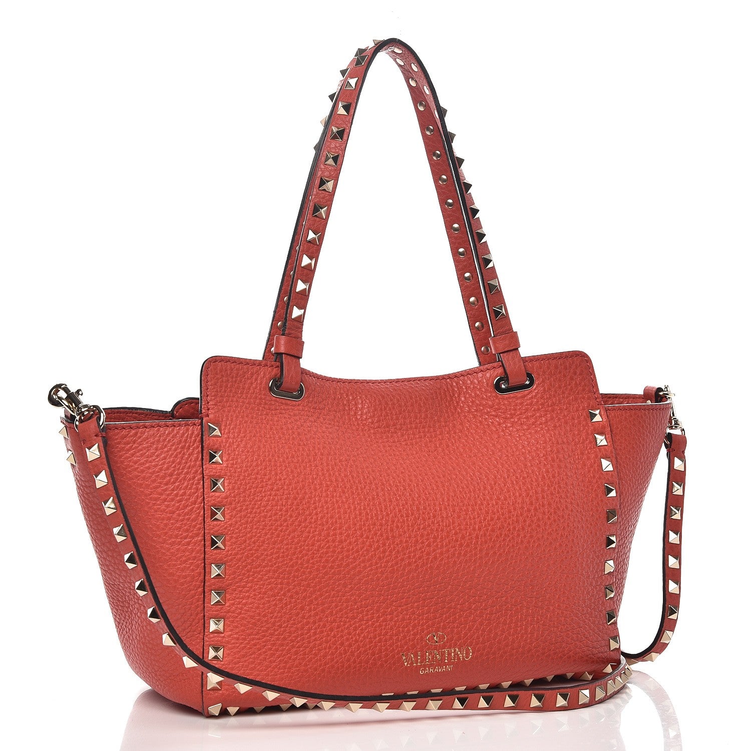 Valentino Garavani Grained Calfskin Small Rockstud Tote Deep Coral 3 of 9