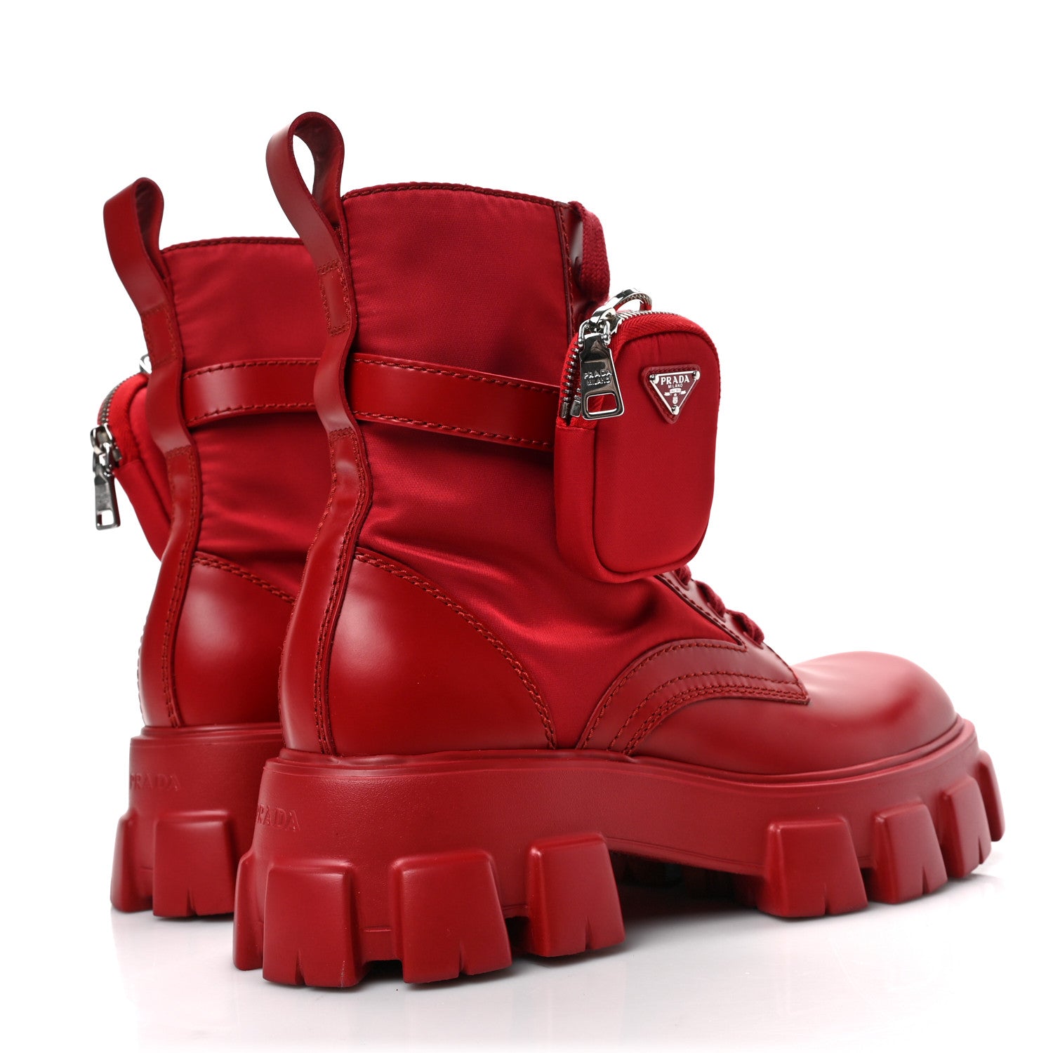 Prada Spazzolato Rois Re-Nylon Metal Triangle Logo Mens Monolith Pouch Pocket 60mm Combat Boots 9.5 Scarlatto 4 of 7