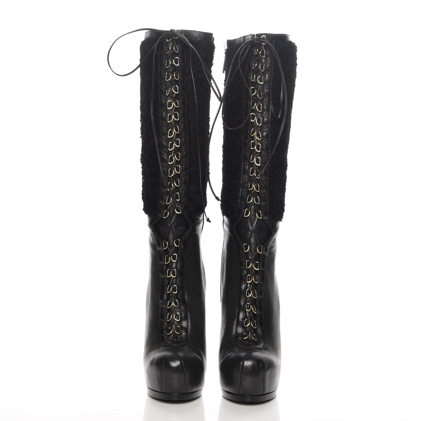 Shearling Calfskin Tribtoo 105 Lace Up Knee High Boots 37.5 Black