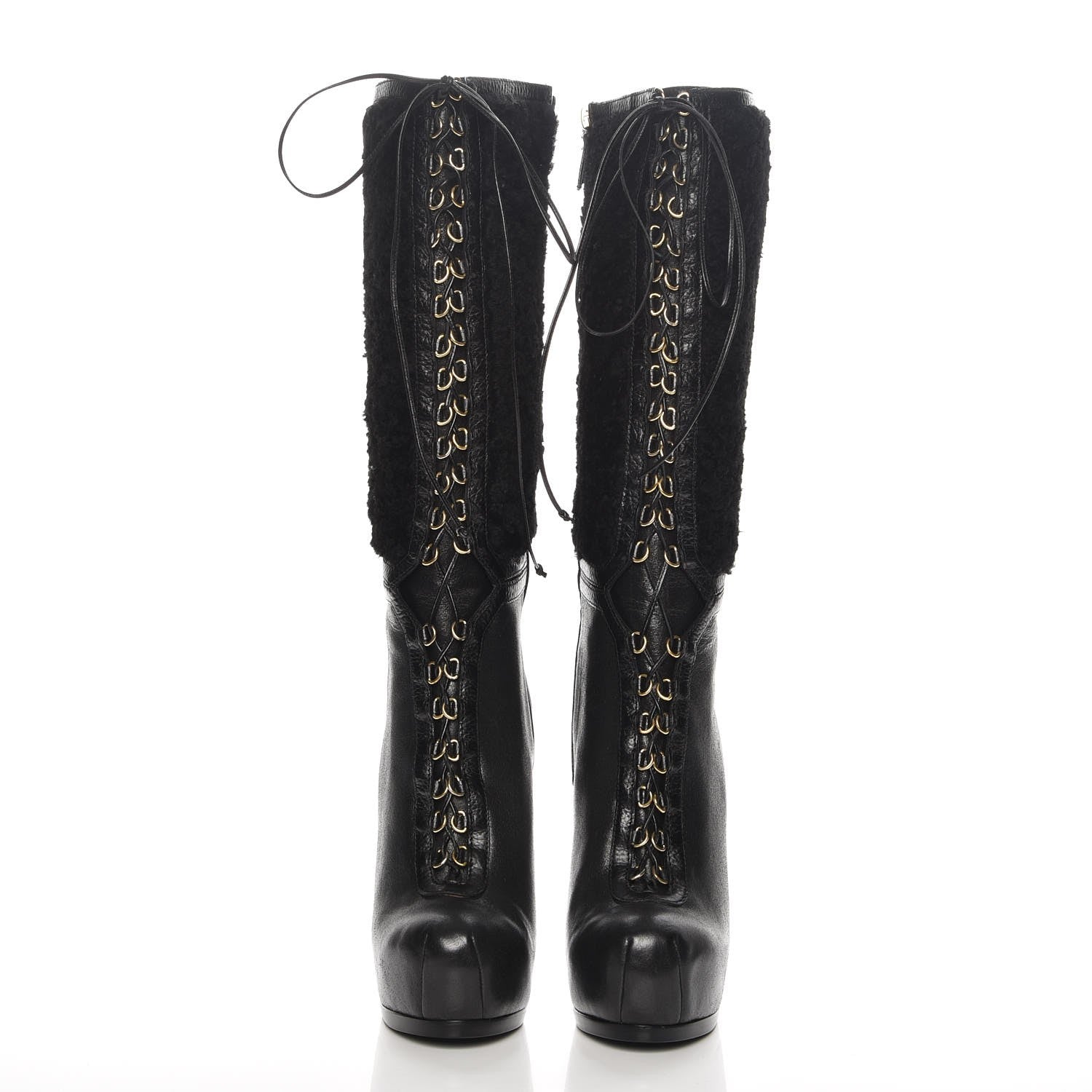 Saint Laurent Shearling Calfskin Tribtoo 105 Lace Up Knee High Boots 37.5 Black 2 of 8