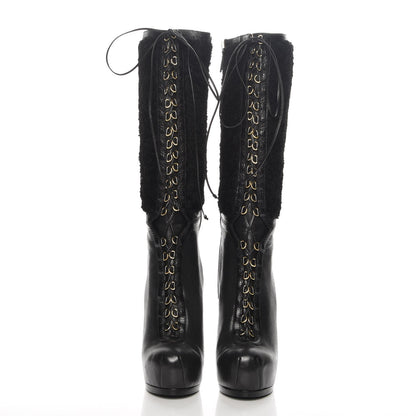 Saint Laurent Shearling Calfskin Tribtoo 105 Lace Up Knee High Boots 37.5 Black 2 of 8