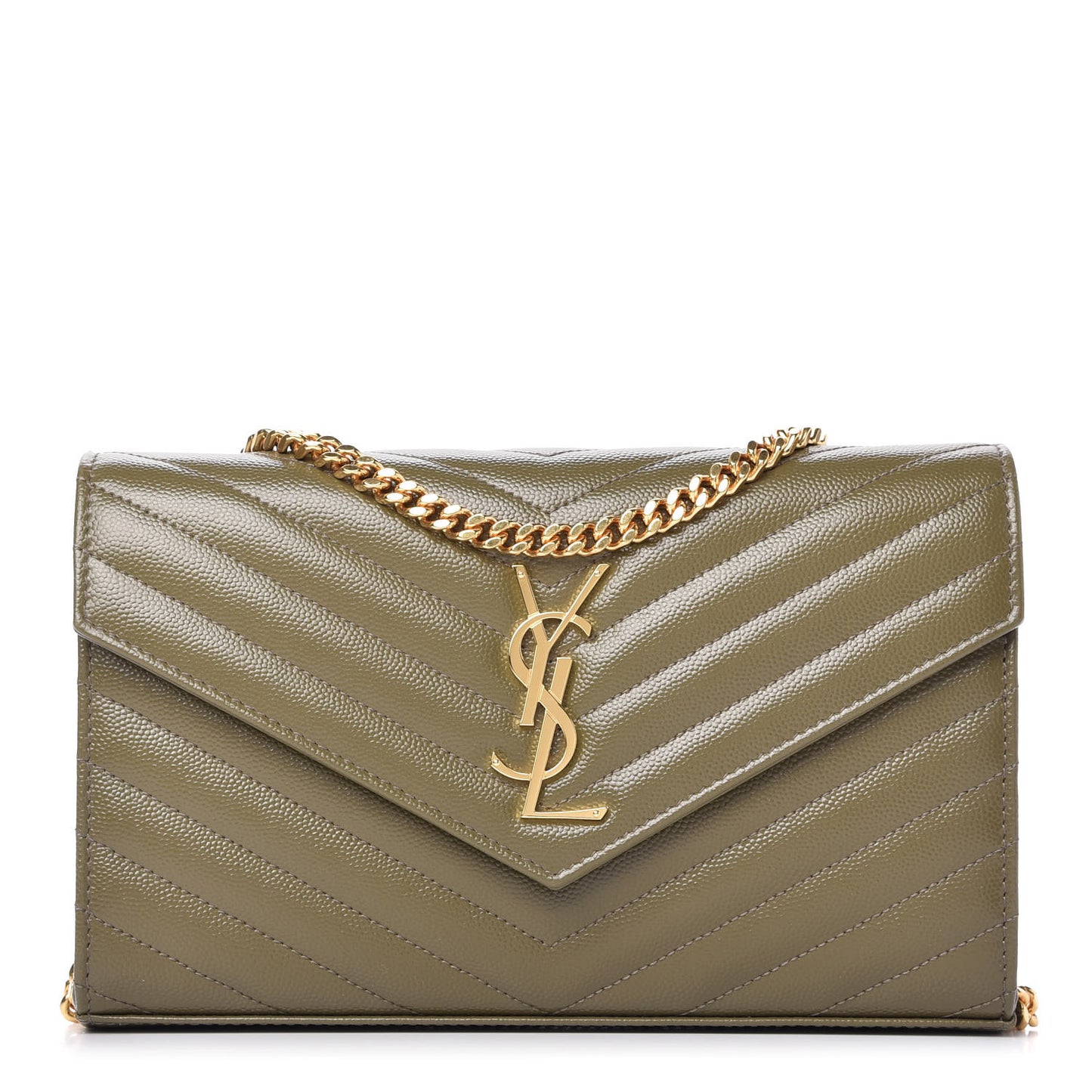 Grain De Poudre Matelasse Chevron Monogram Chain Wallet Vert Kaki
