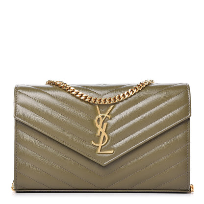 Saint Laurent Grain De Poudre Matelasse Chevron Monogram Chain Wallet Vert Kaki 1 of 9