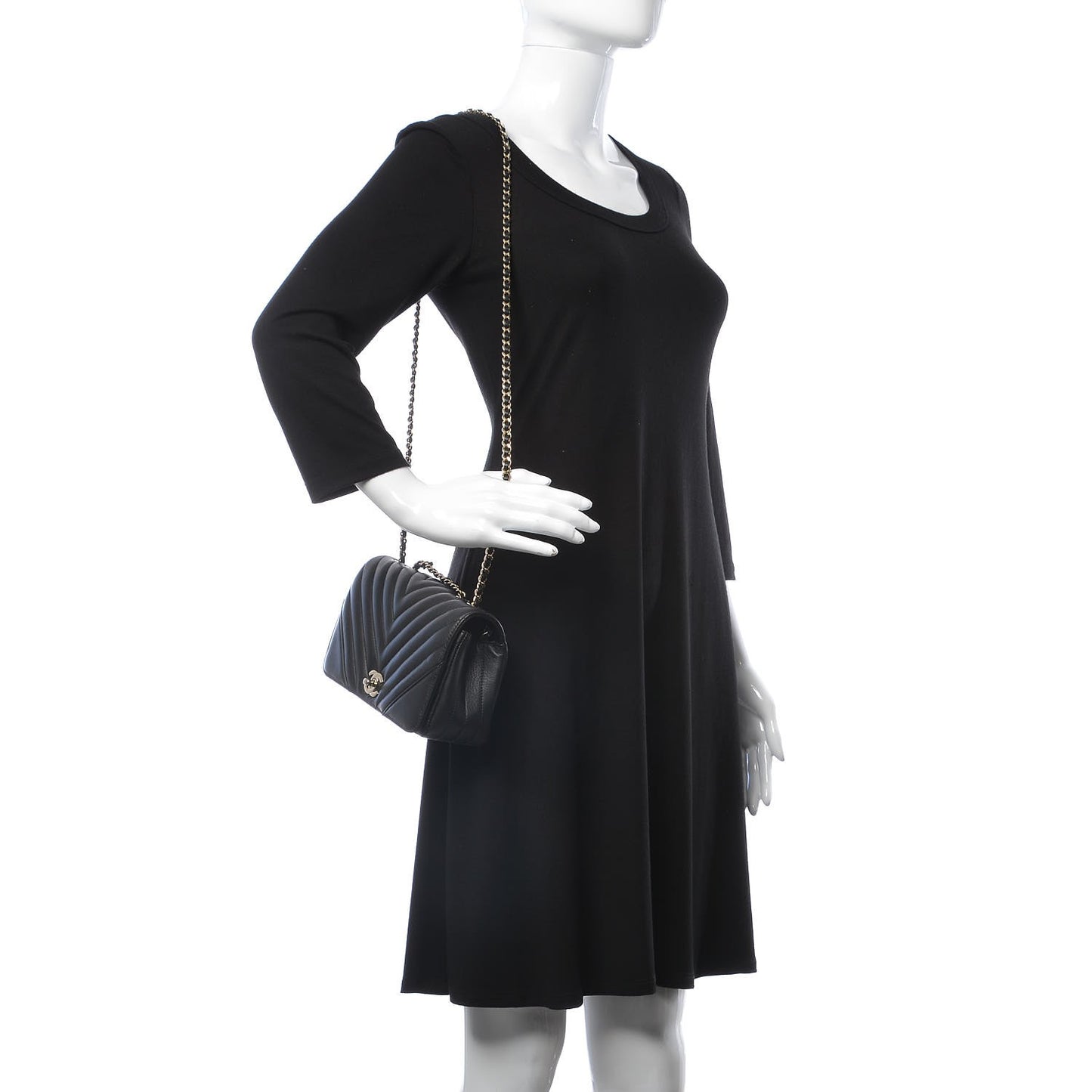 Calfskin Chevron Quilted Mini Statement Flap Black