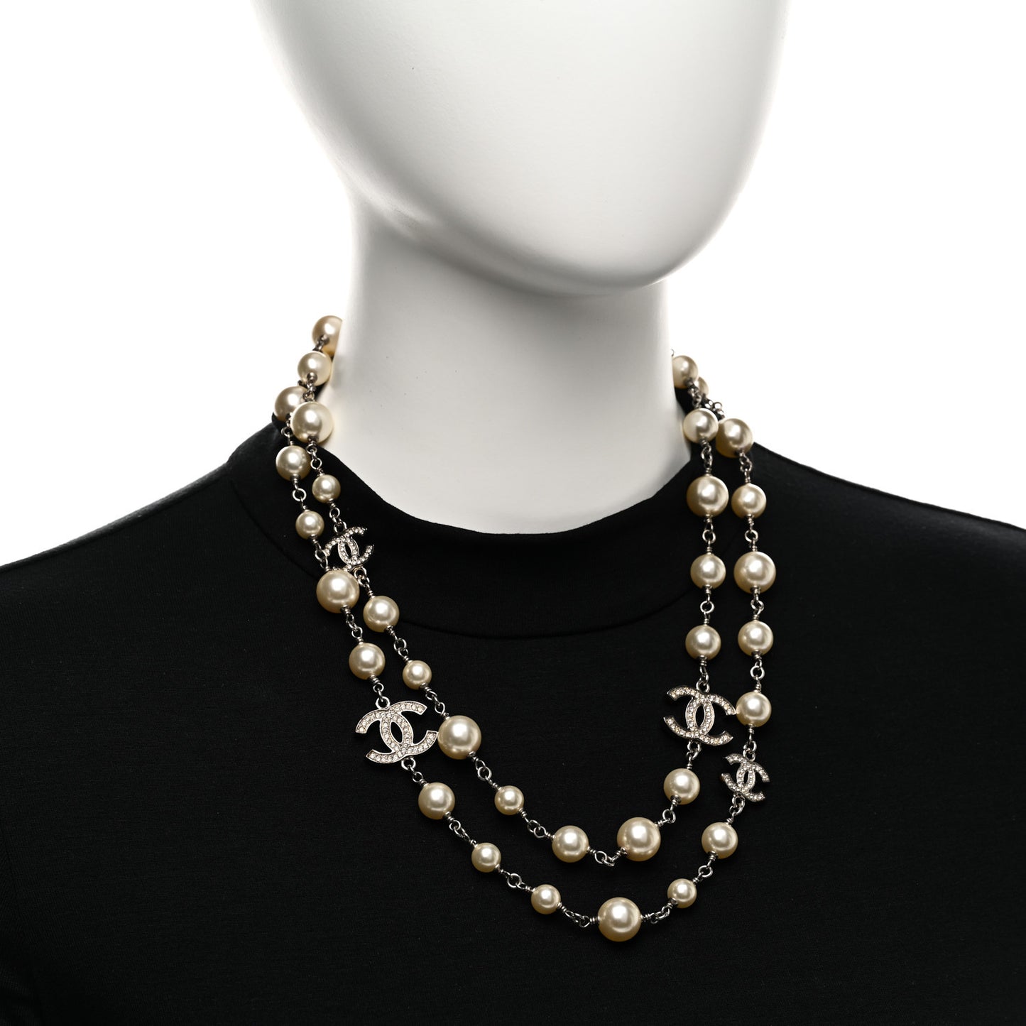 Crystal Pearl CC Long Necklace Silver