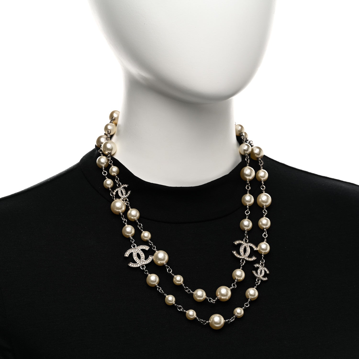 Chanel Crystal Pearl CC Long Necklace Silver 2 of 5
