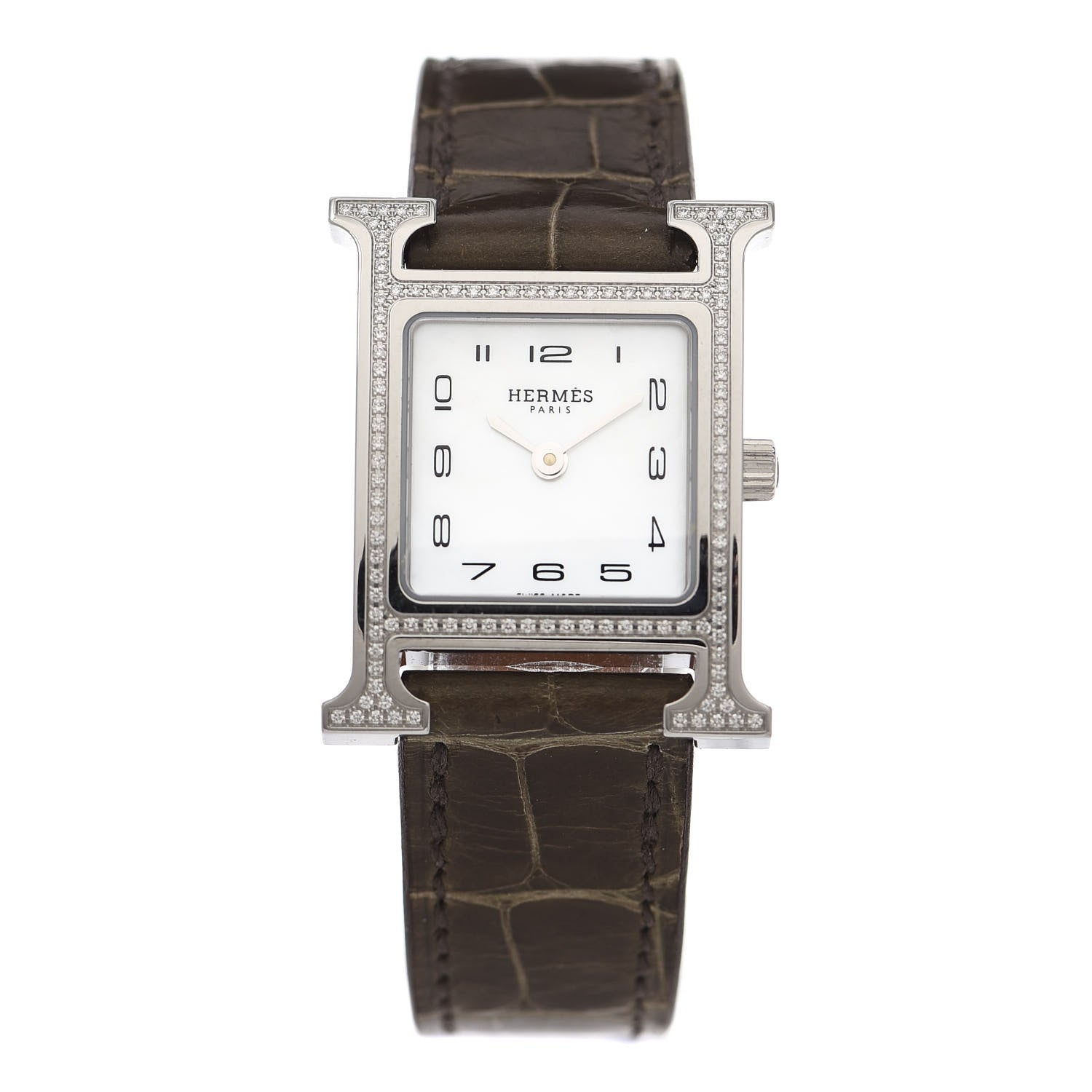 Hermes Stainless Steel Alligator Diamond Bezel Mother of Pearl 21mm Heure H Hour Quartz Watch Gris Elephant 1 of 5