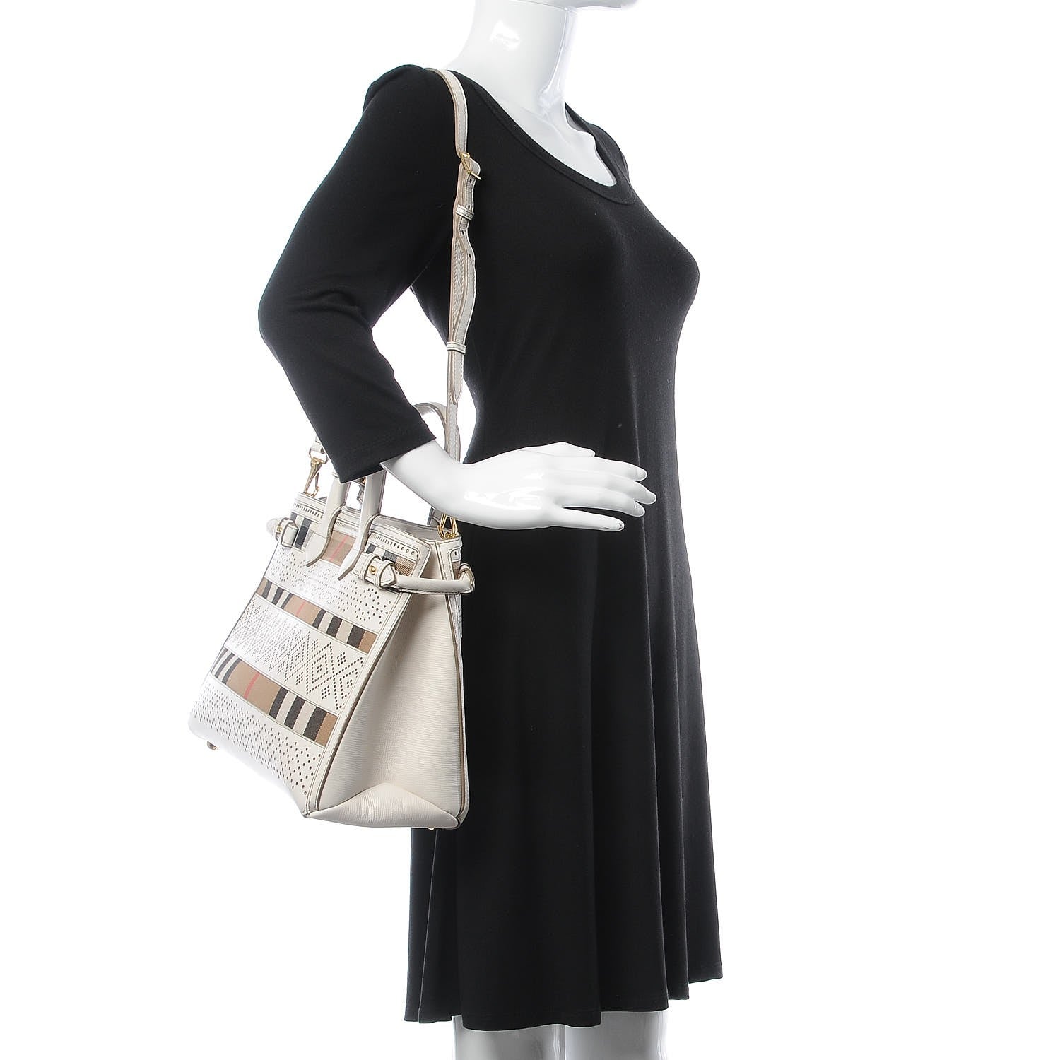 Burberry Calfskin House Check Perforated Medium Banner Tote Natural 2 of 12