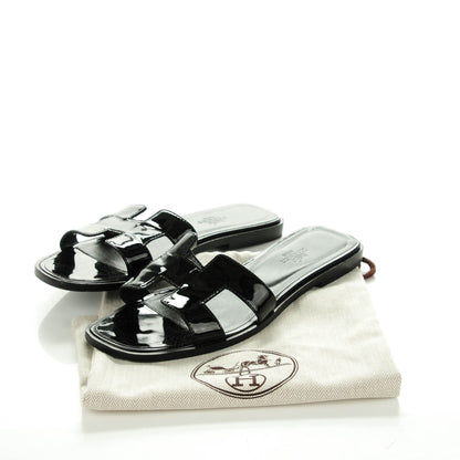 Hermes Patent Oran Sandals 37 Black 7 of 7