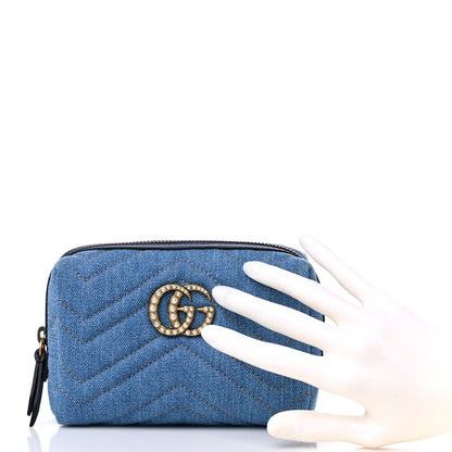 Gucci Denim Matelasse Pearly GG Marmont Cosmetic Case Blue 2 of 10