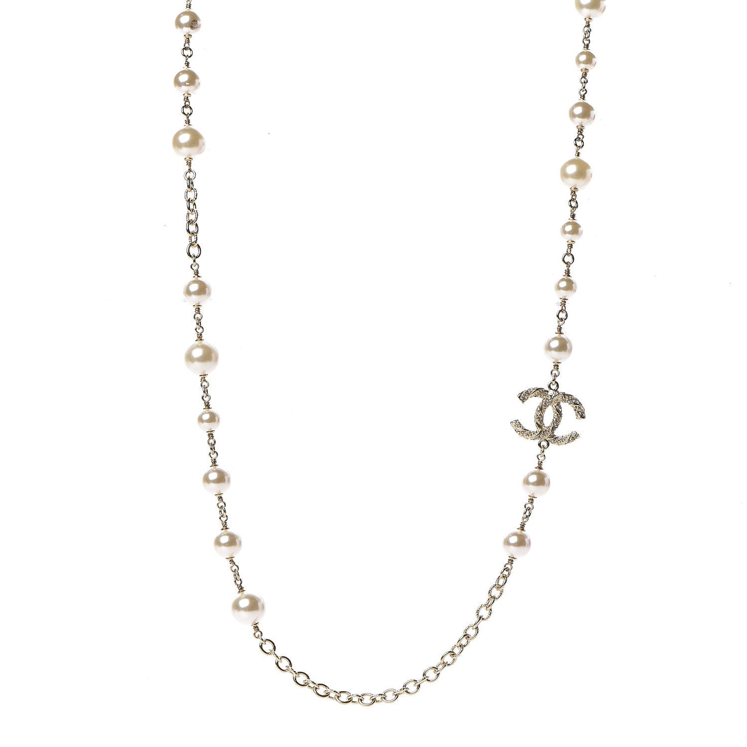 Chanel Pearl Crystal Twisted CC Long Necklace Gold 1 of 5