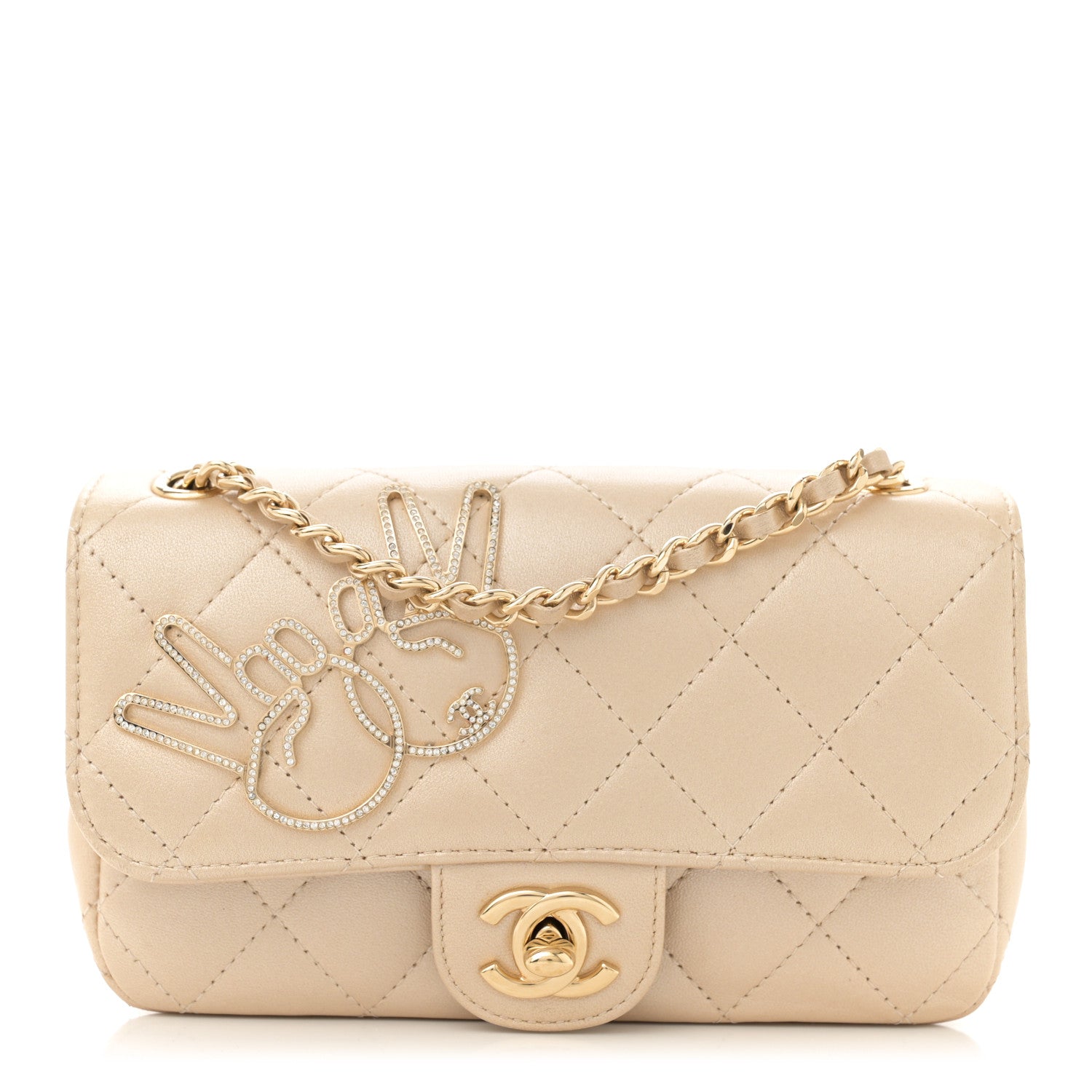 Chanel Metallic Lambskin Quilted Extra Mini V For Victory Flap Light Gold 1 of 12