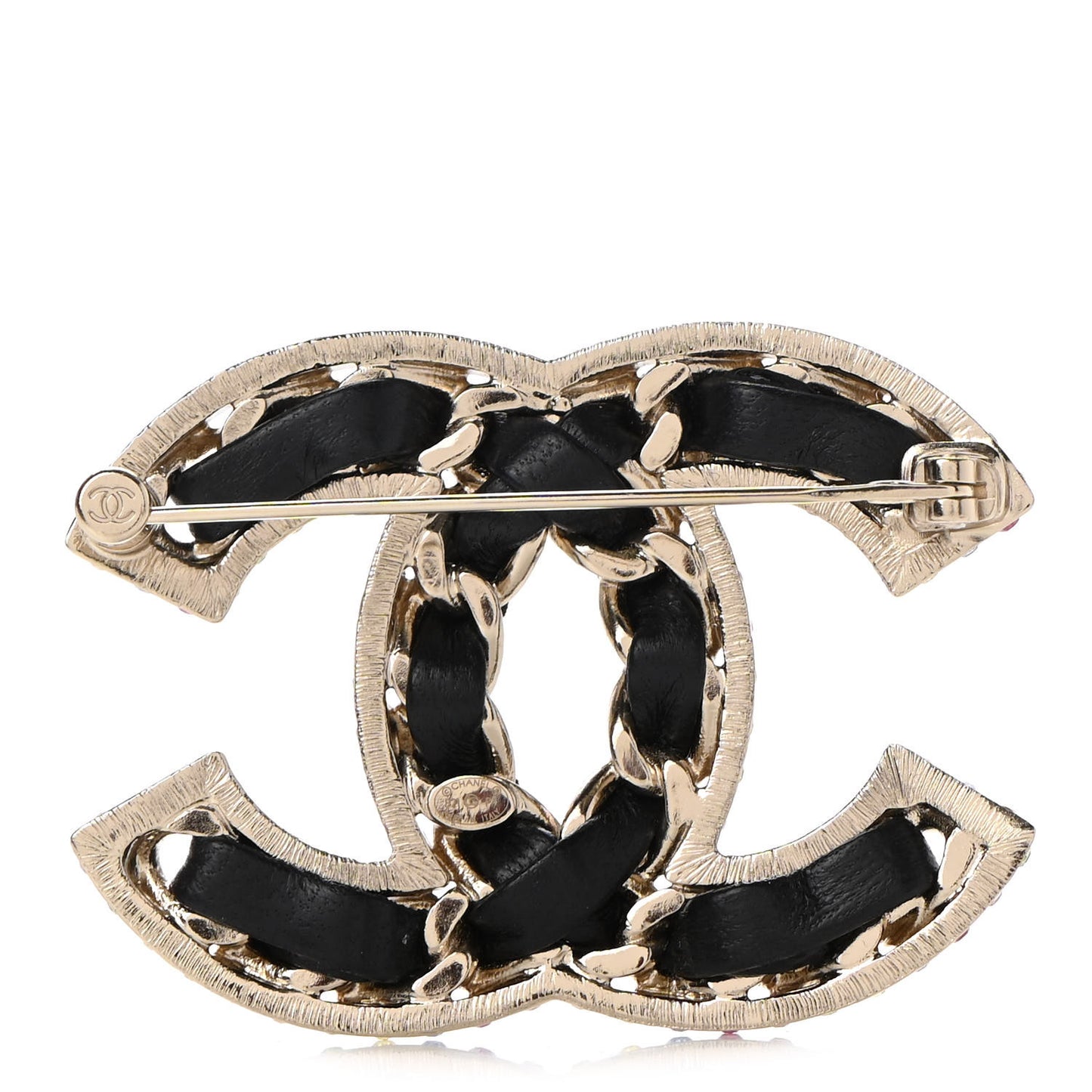 Lambskin Crystal CC Chain Brooch Black Gold Multicolor