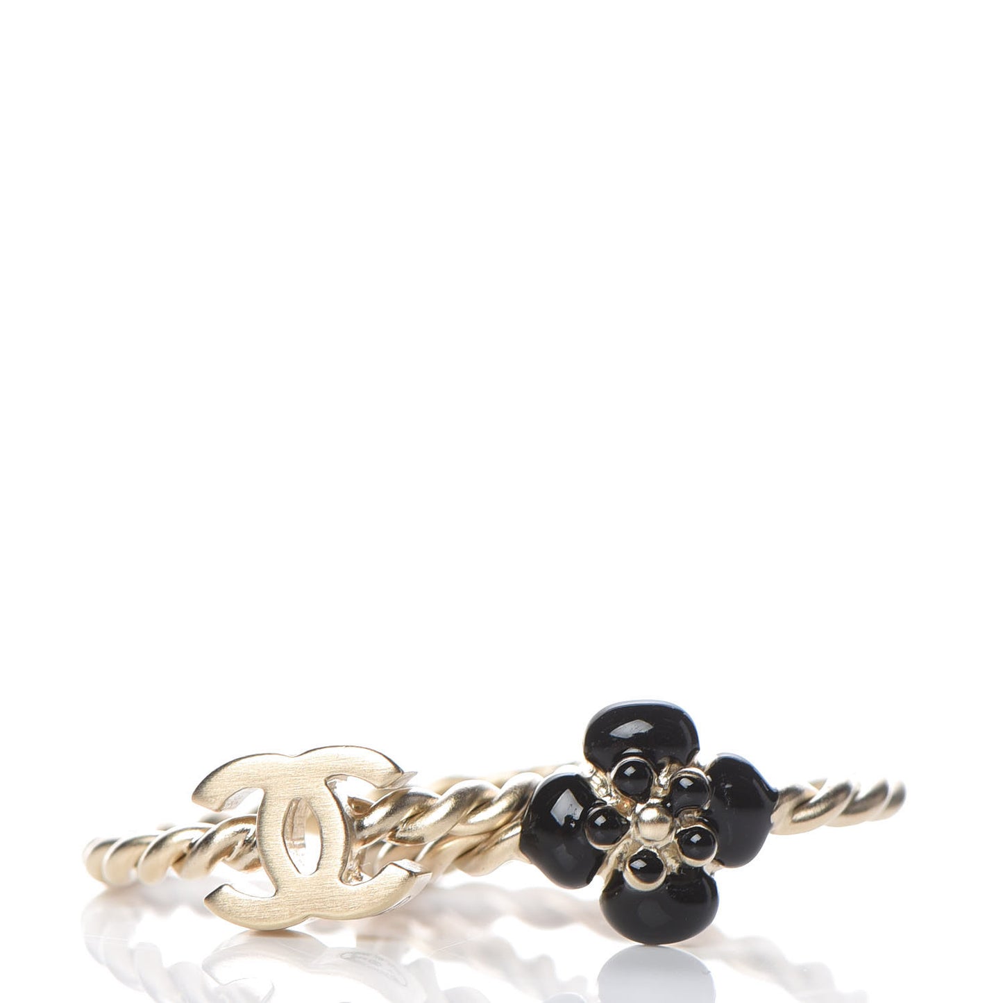 Enamel Camellia CC Ring Set of 2 4.5 5.5 Gold Black