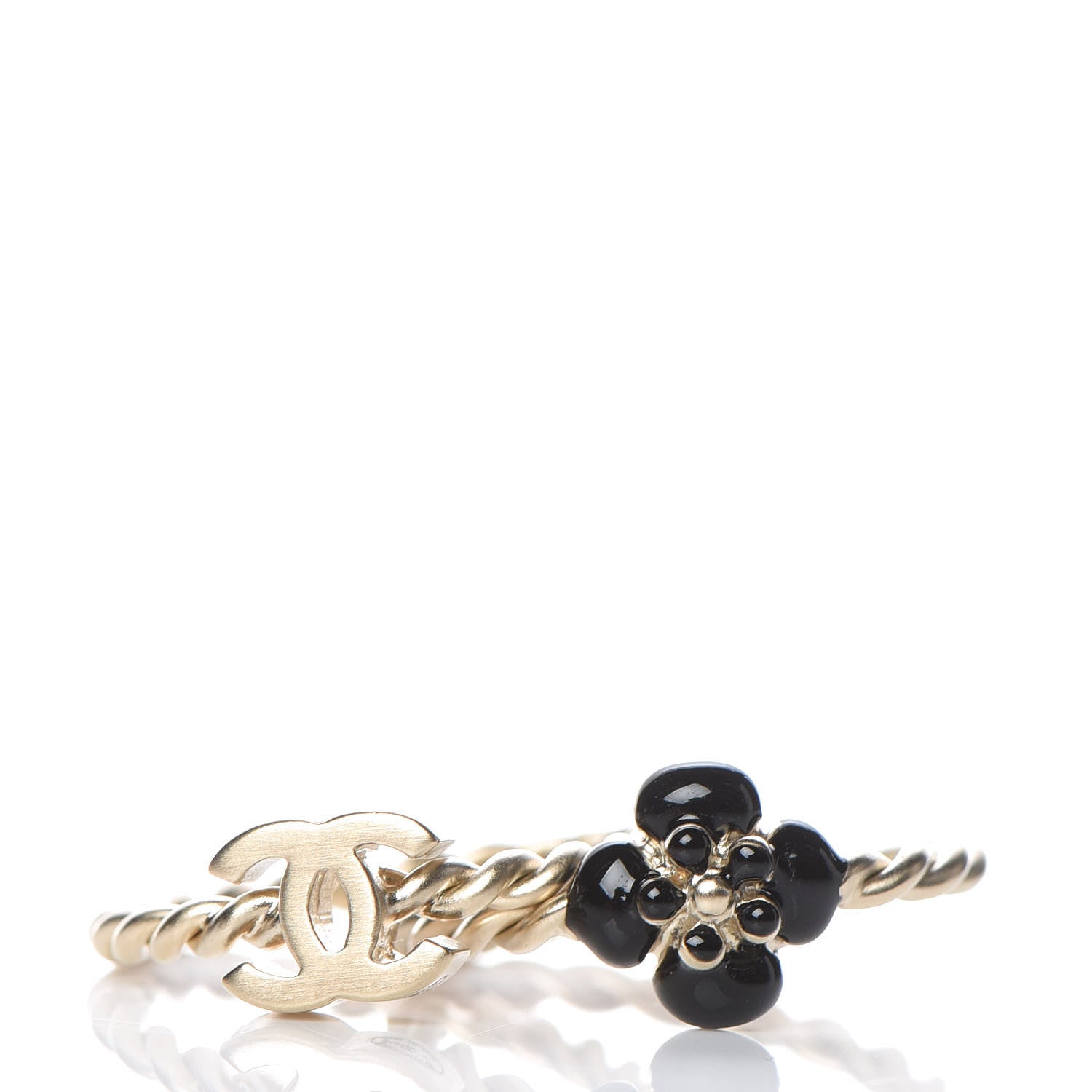 Chanel Enamel Camellia CC Ring Set of 2 4.5 5.5 Gold Black 1 of 5