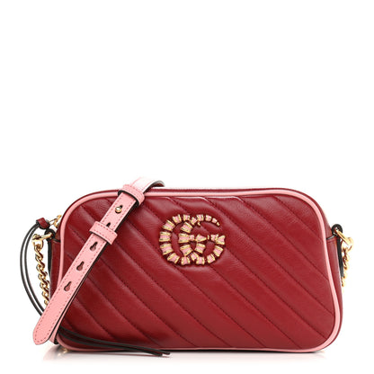 Gucci Azalea Calfskin Enamel Matelasse Diagonal Small Torchon GG Marmont Chain Shoulder Bag New Cherry Red Wild Rose 1 of 10
